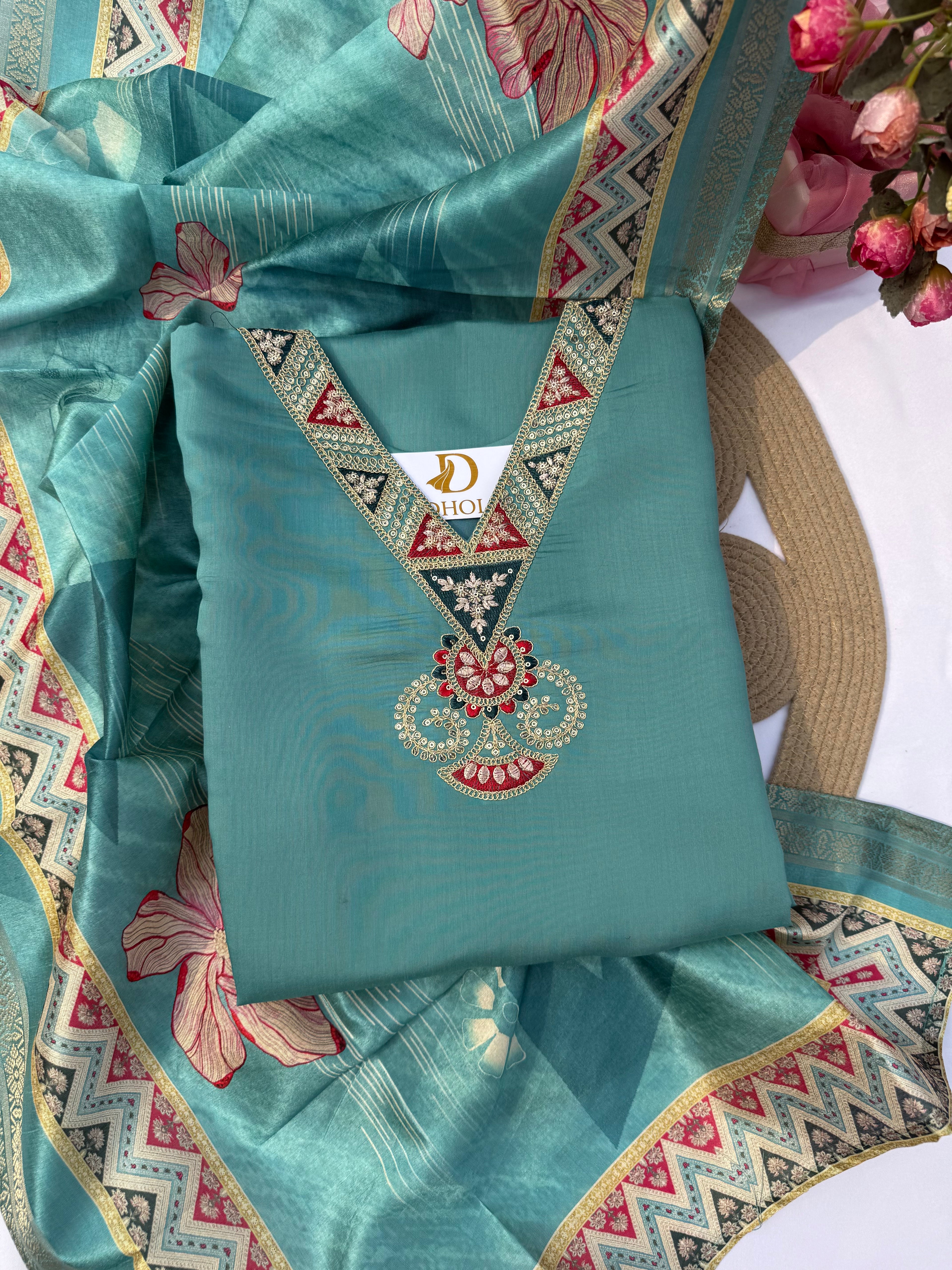 S125 Roman Silk Suit Set with Handwork & Digital Dupatta