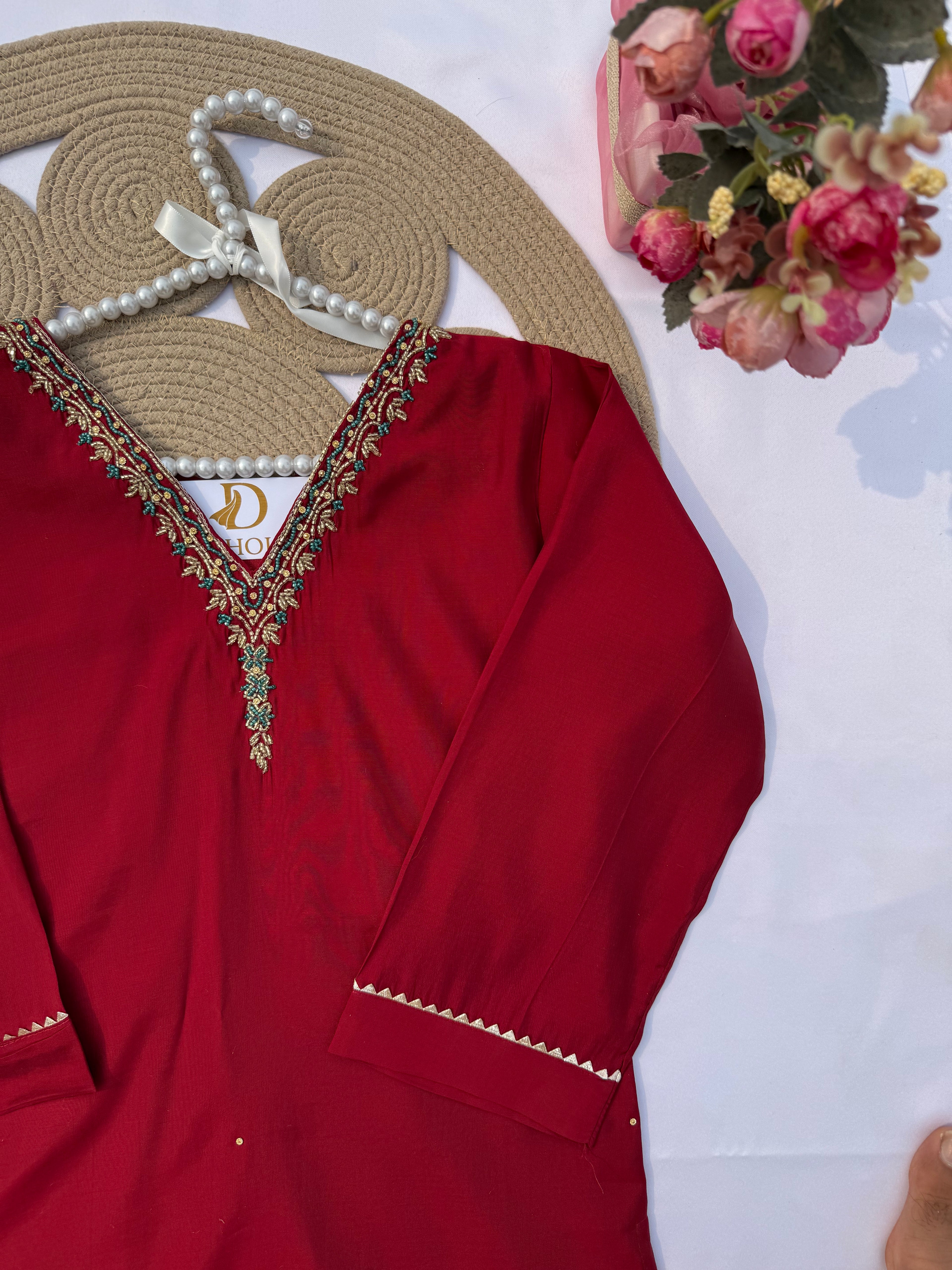 S126 Roman Silk Suit Set with Contrast Jacquard Dupatta & Handwork Neck