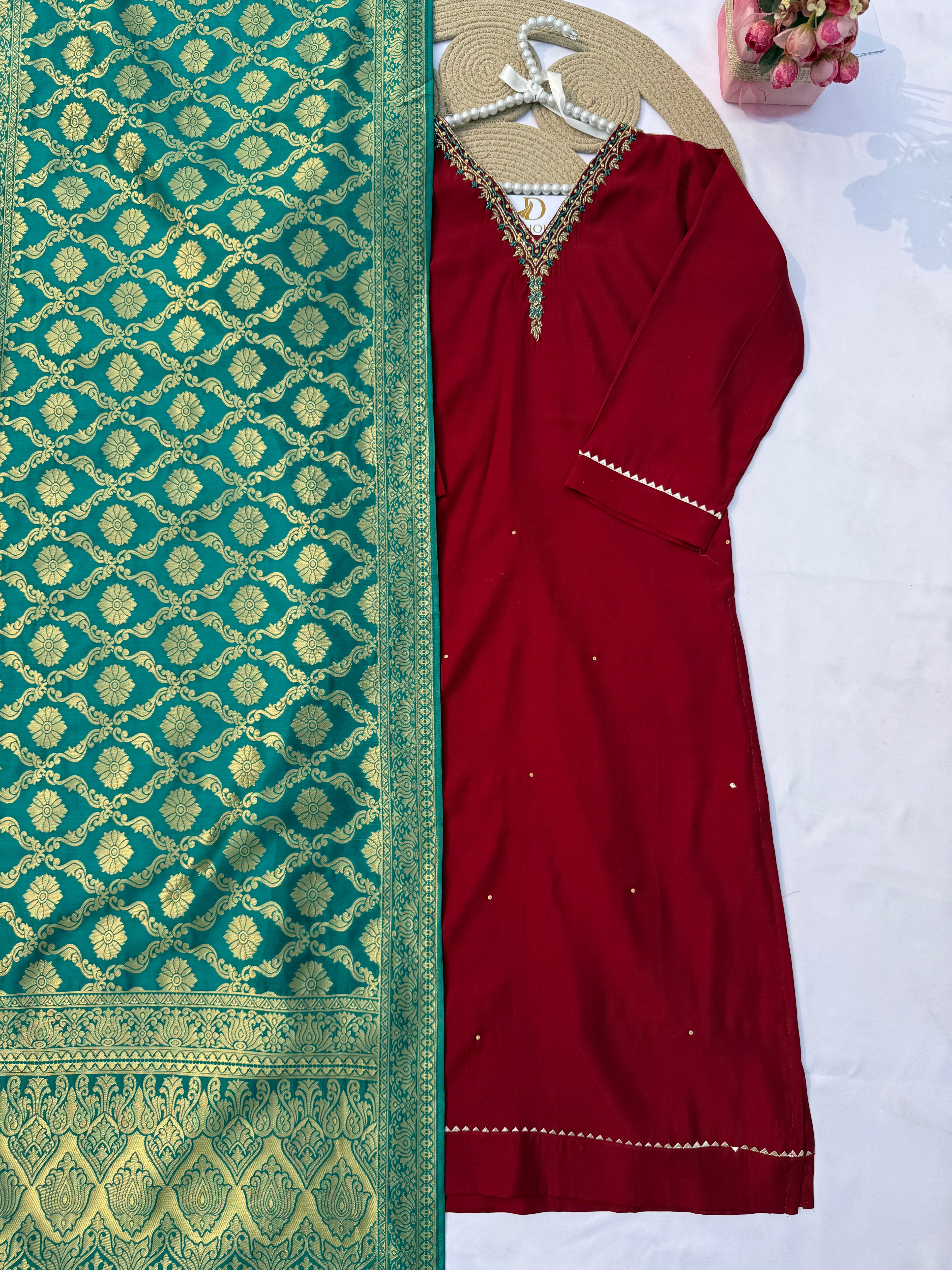 S126 Roman Silk Suit Set with Contrast Jacquard Dupatta & Handwork Neck