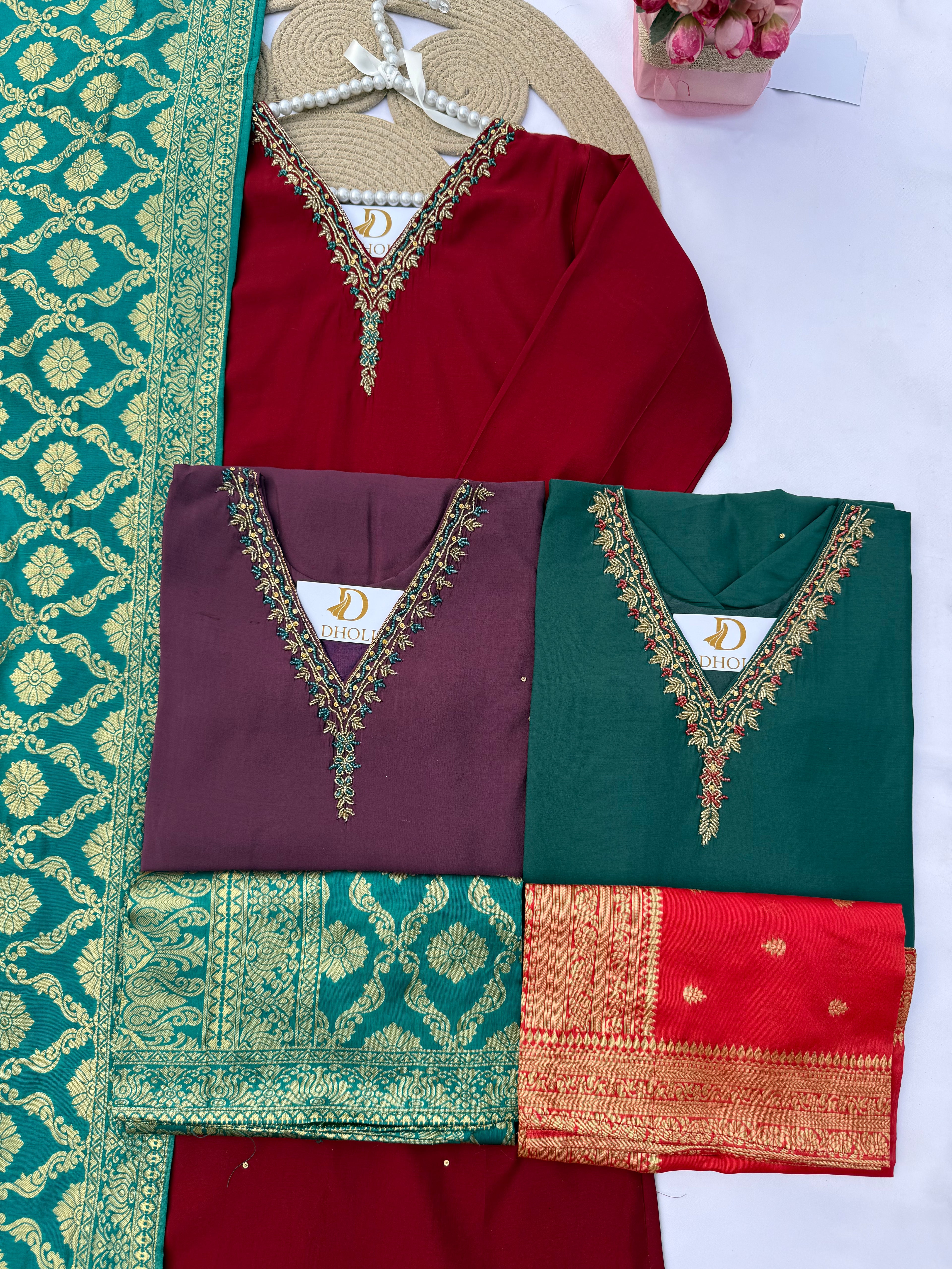 S126 Roman Silk Suit Set with Contrast Jacquard Dupatta & Handwork Neck
