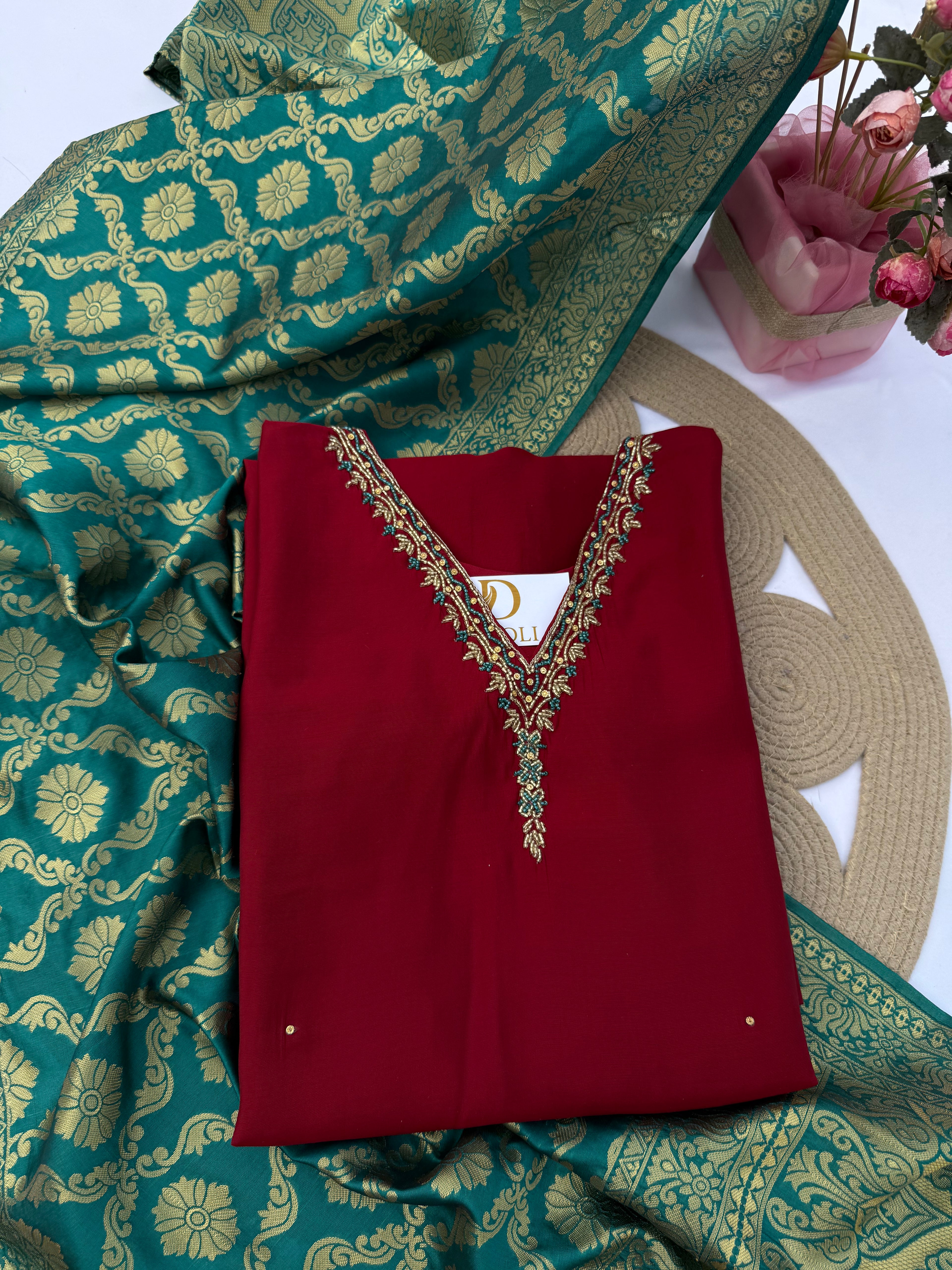 S126 Roman Silk Suit Set with Contrast Jacquard Dupatta & Handwork Neck