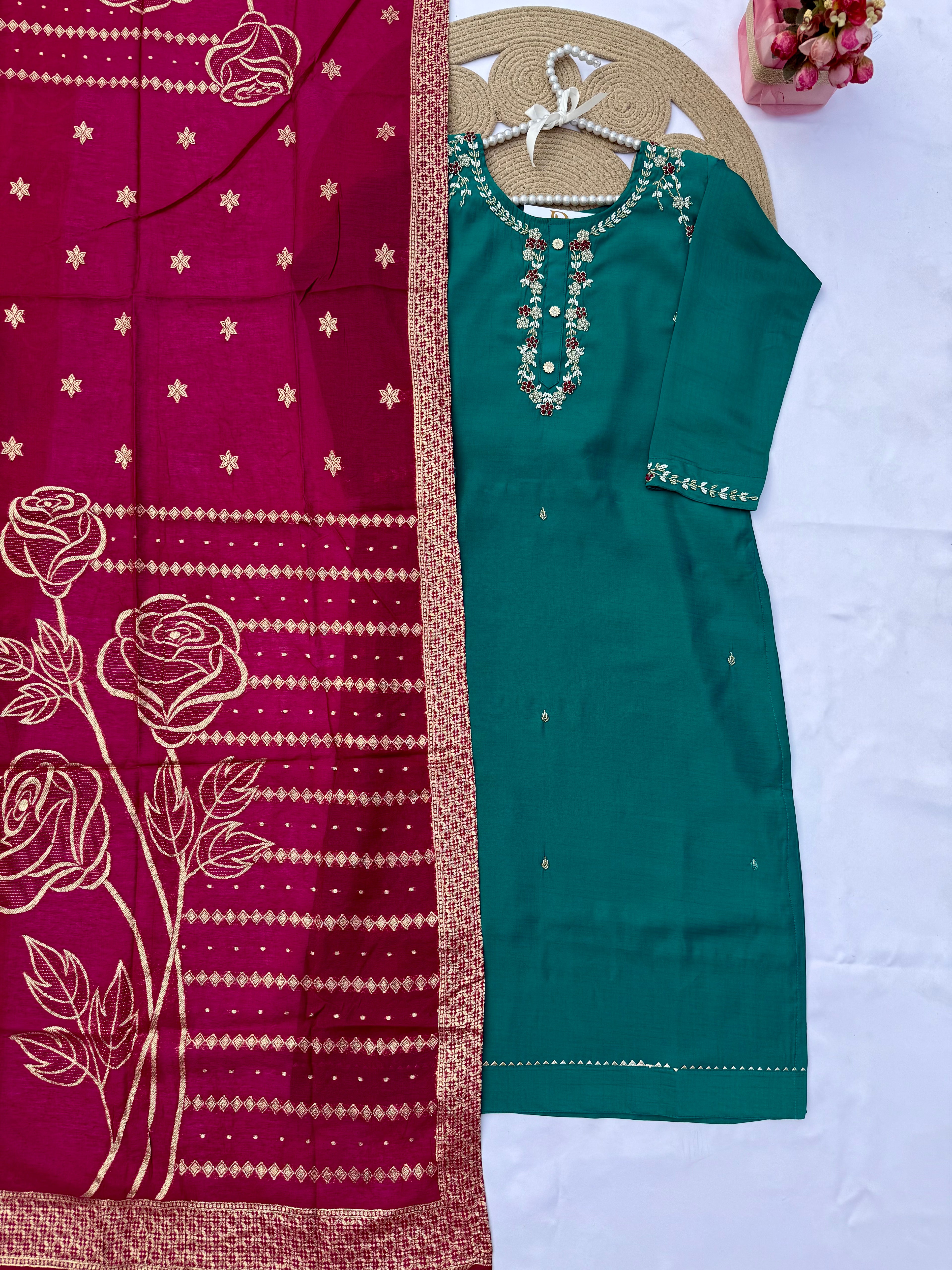 S127 Vichitra Silk Suit Set with Handwork & Jacquard Dupatta