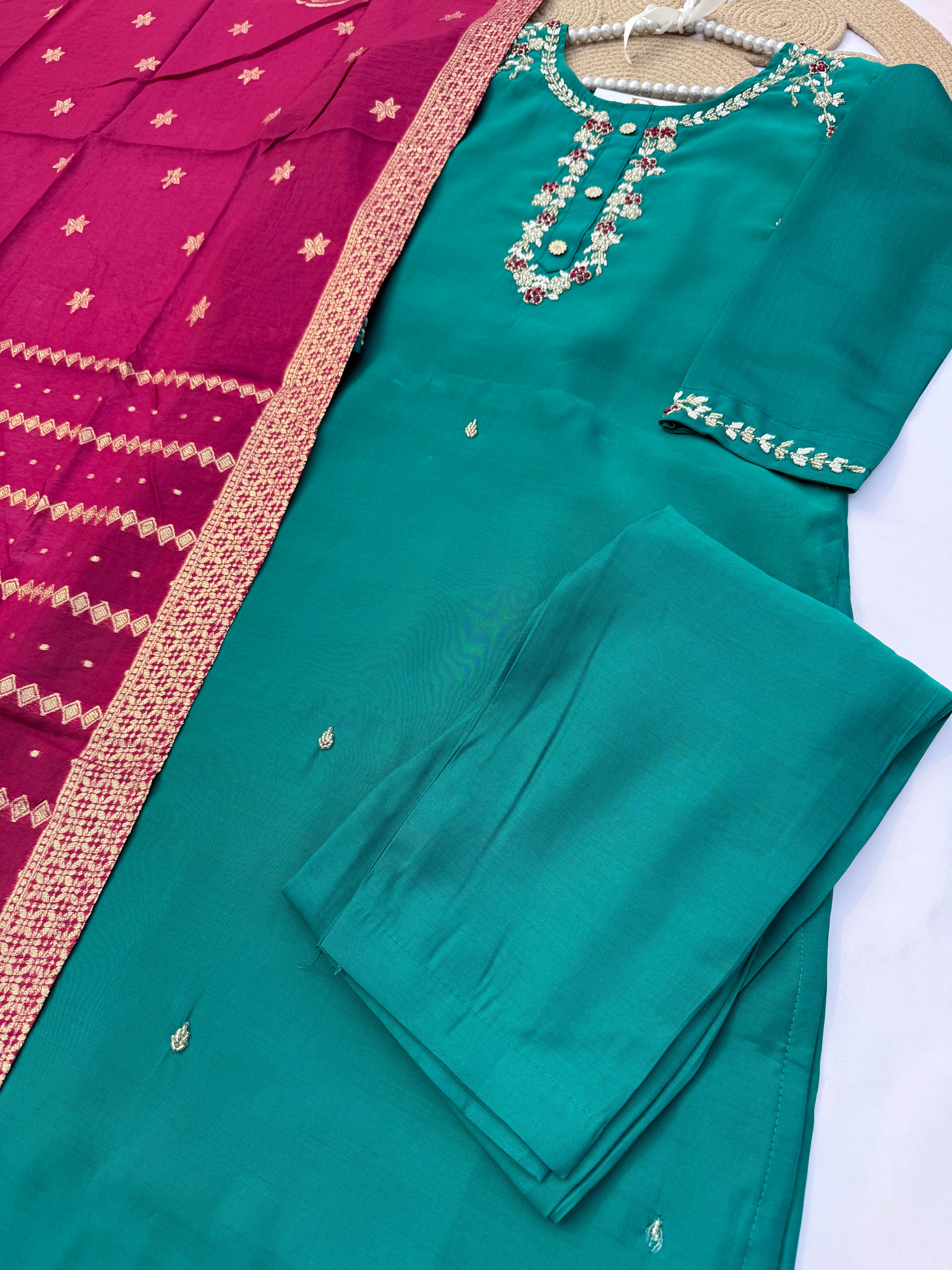 S127 Vichitra Silk Suit Set with Handwork & Jacquard Dupatta