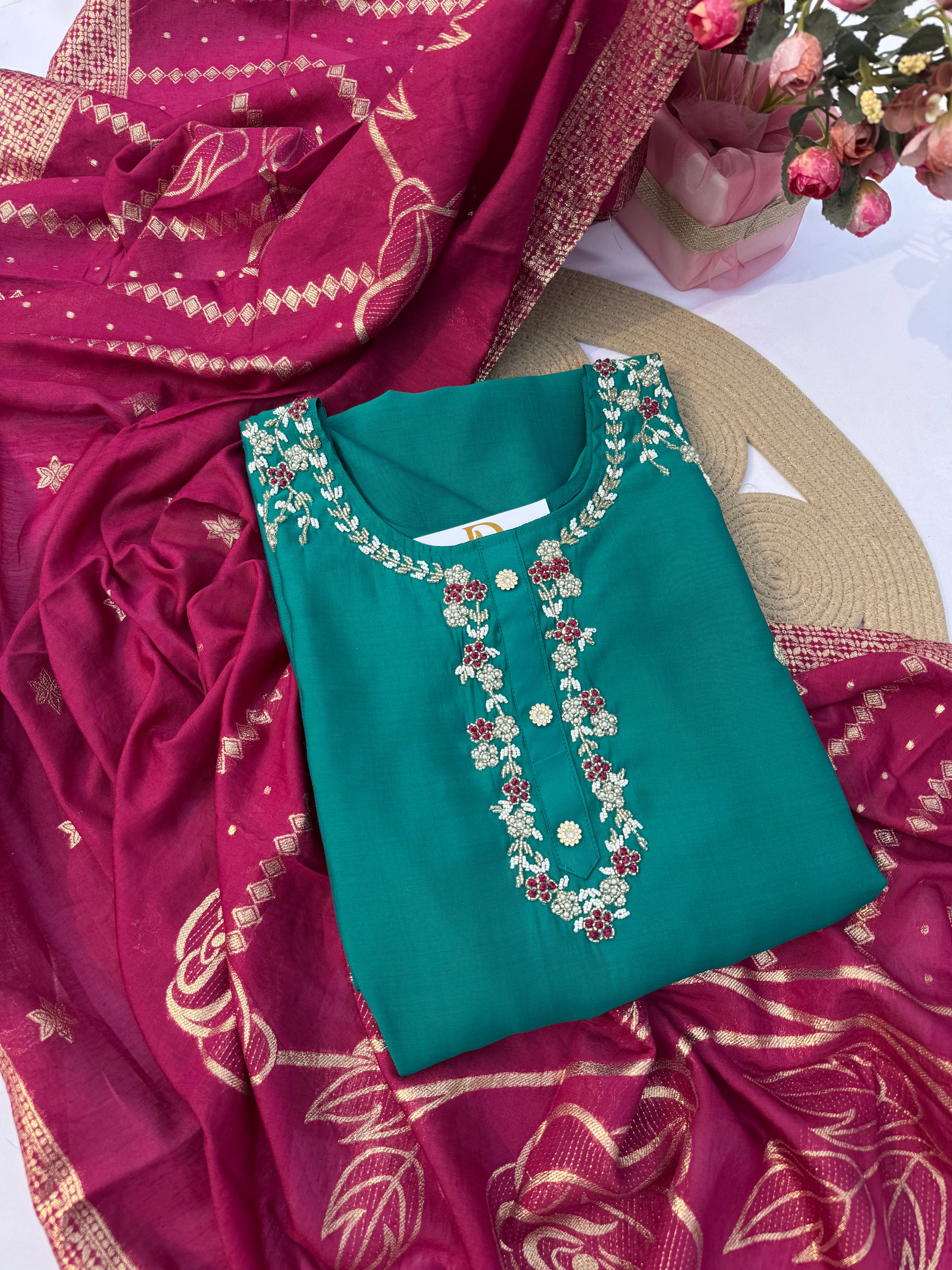 S127 Vichitra Silk Suit Set with Handwork & Jacquard Dupatta