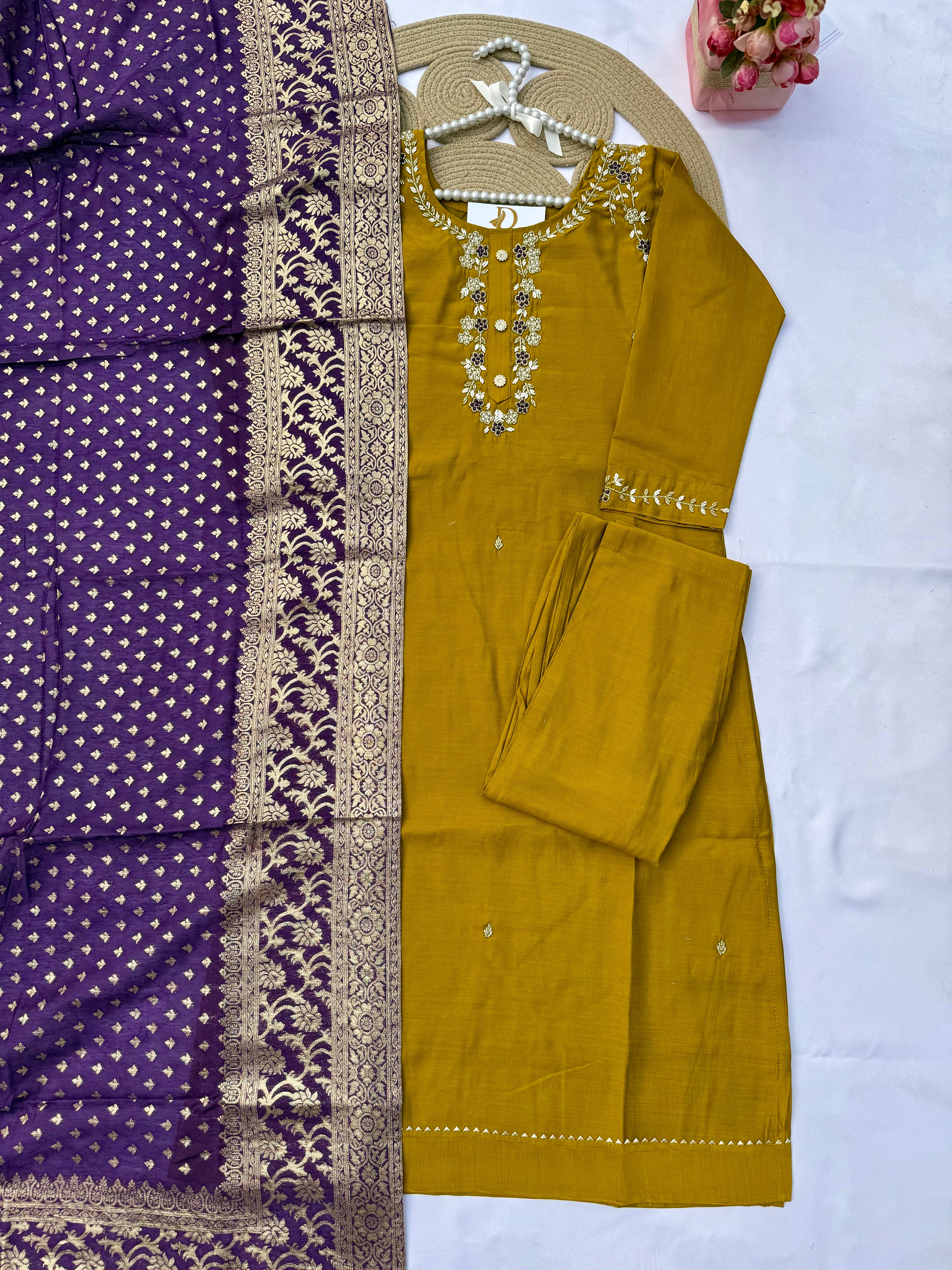 S127 Vichitra Silk Suit Set with Handwork & Jacquard Dupatta