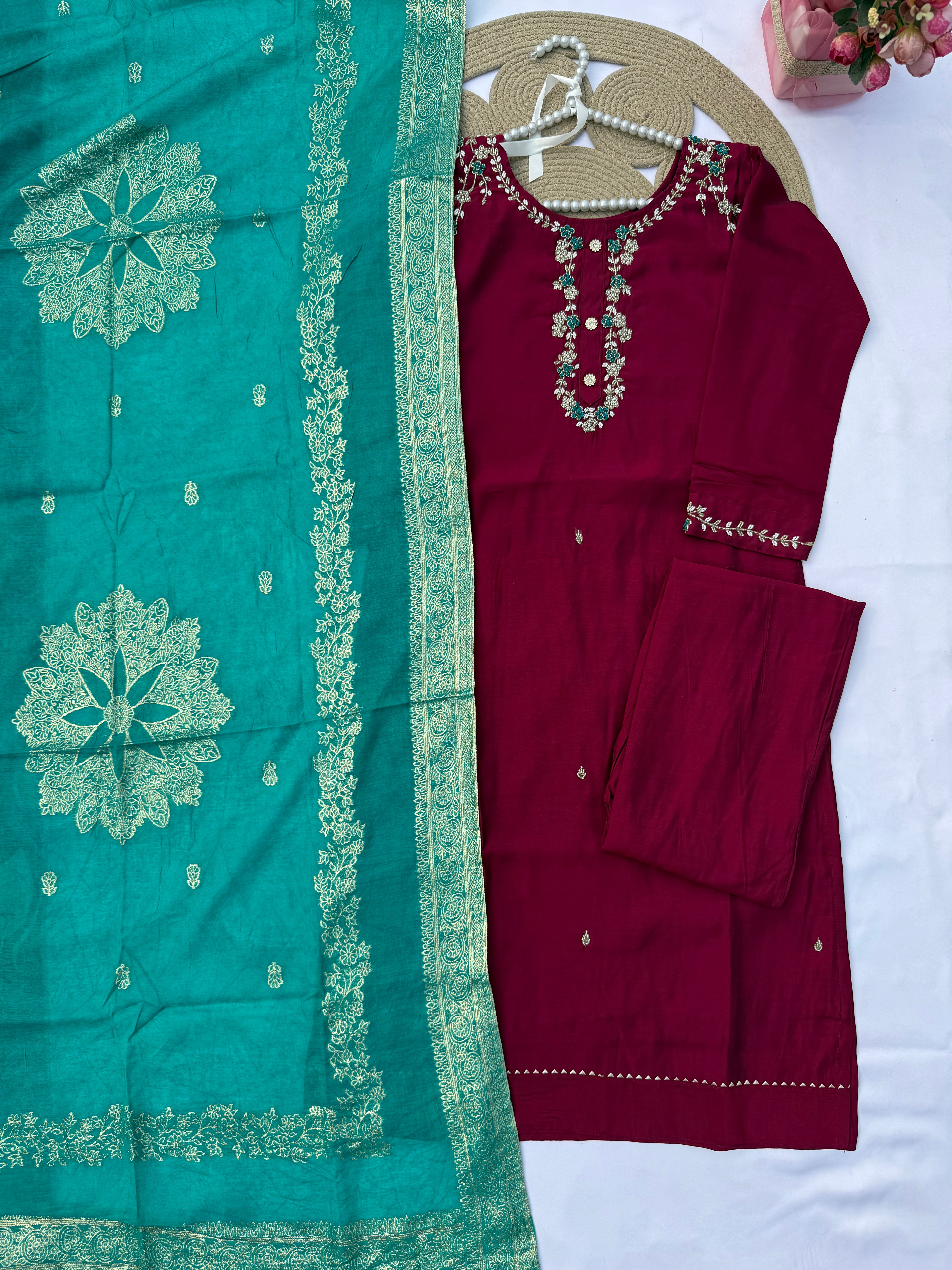 S127 Vichitra Silk Suit Set with Handwork & Jacquard Dupatta