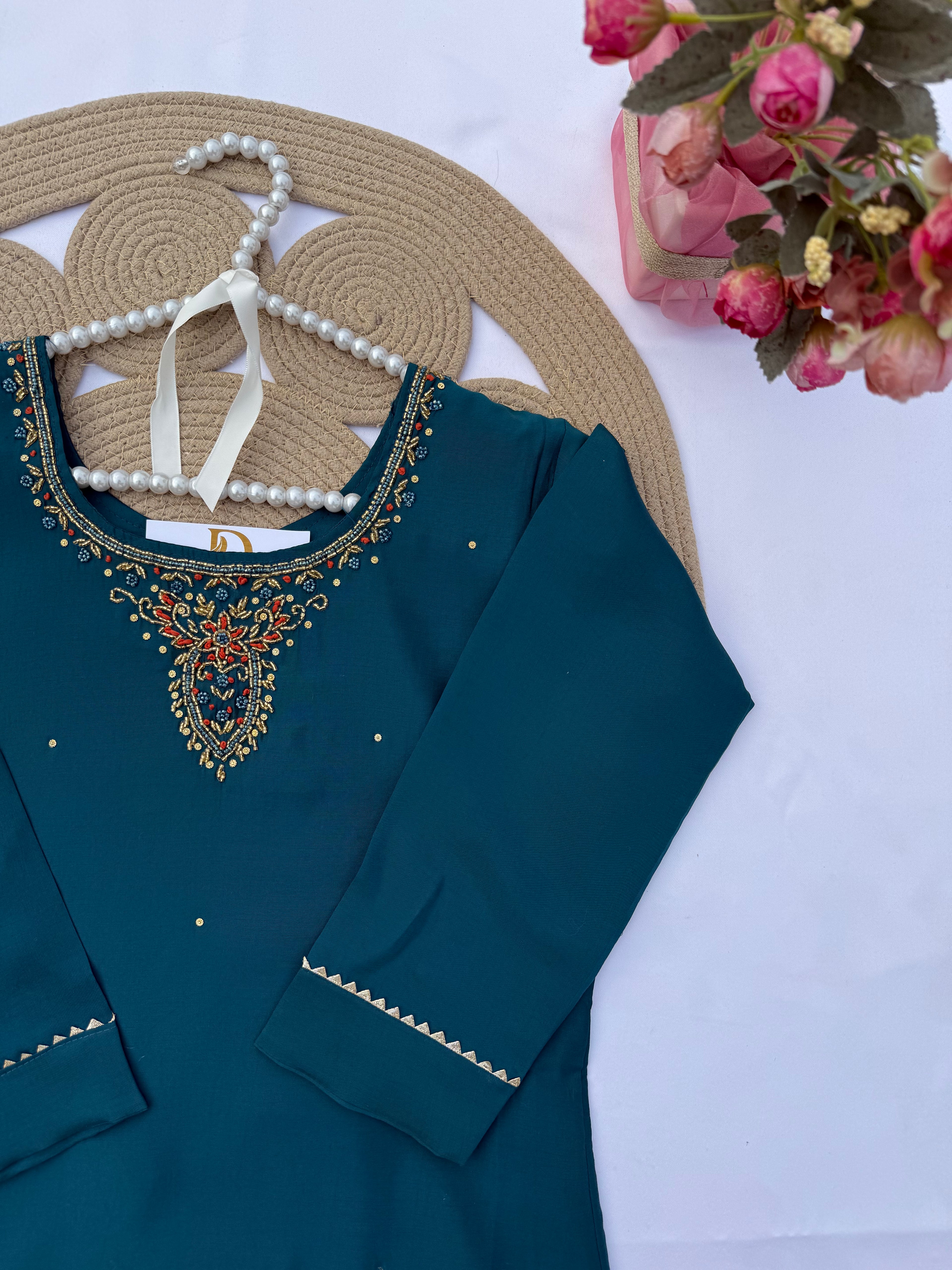 S129 Elegant Roman Silk Suit Set with Contrast Dupatta