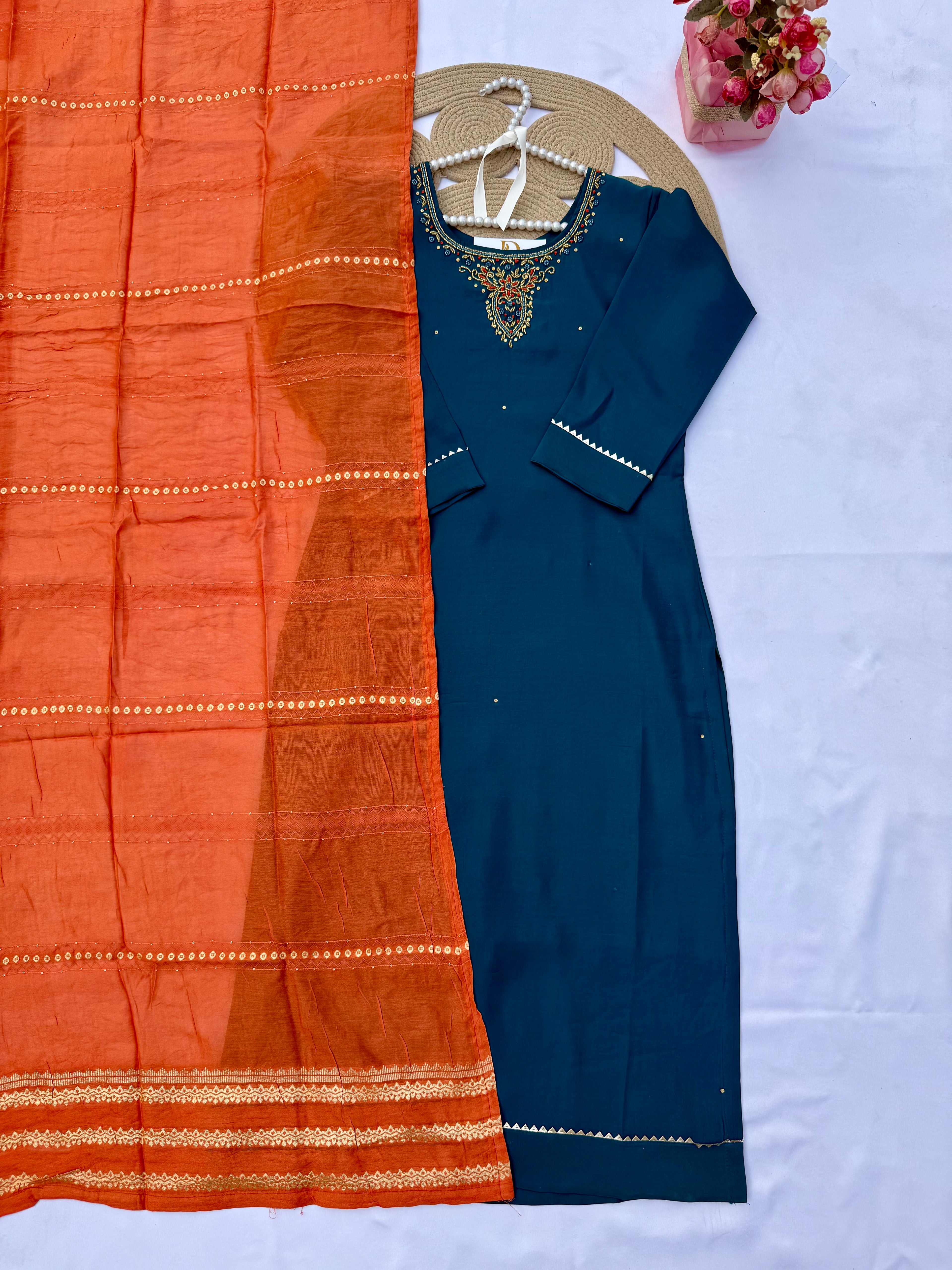 S129 Elegant Roman Silk Suit Set with Contrast Dupatta