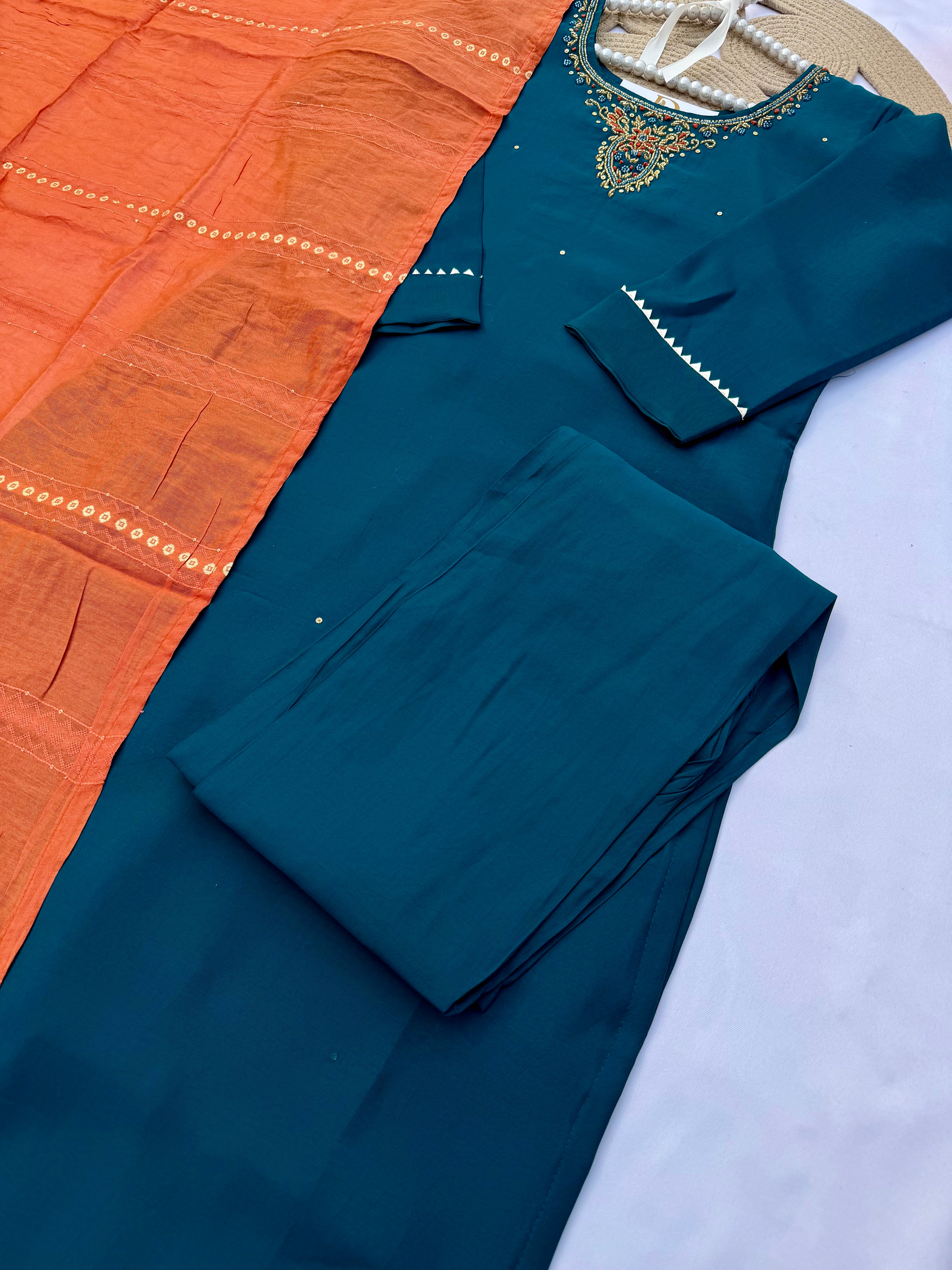 S129 Elegant Roman Silk Suit Set with Contrast Dupatta