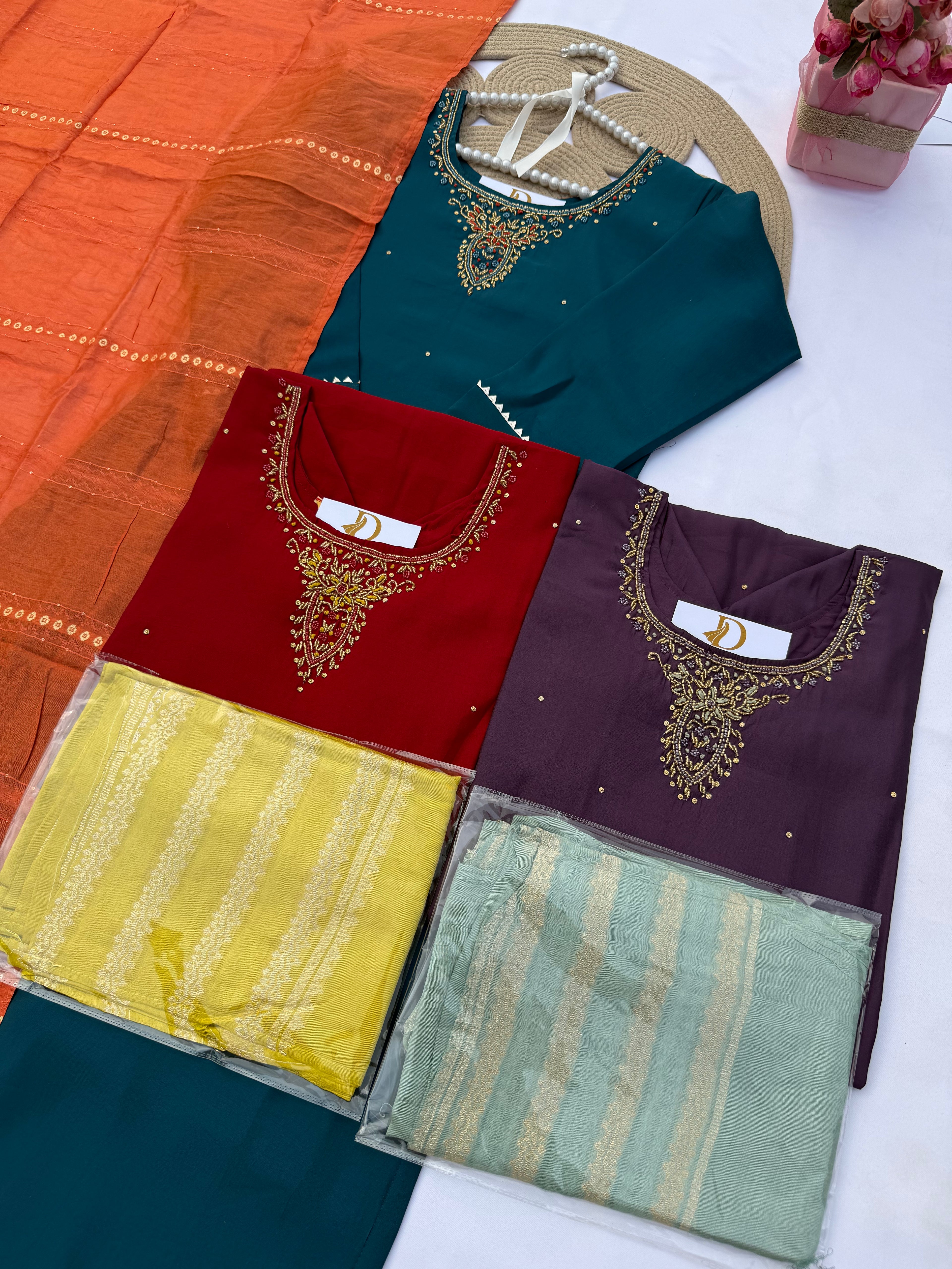 S129 Elegant Roman Silk Suit Set with Contrast Dupatta