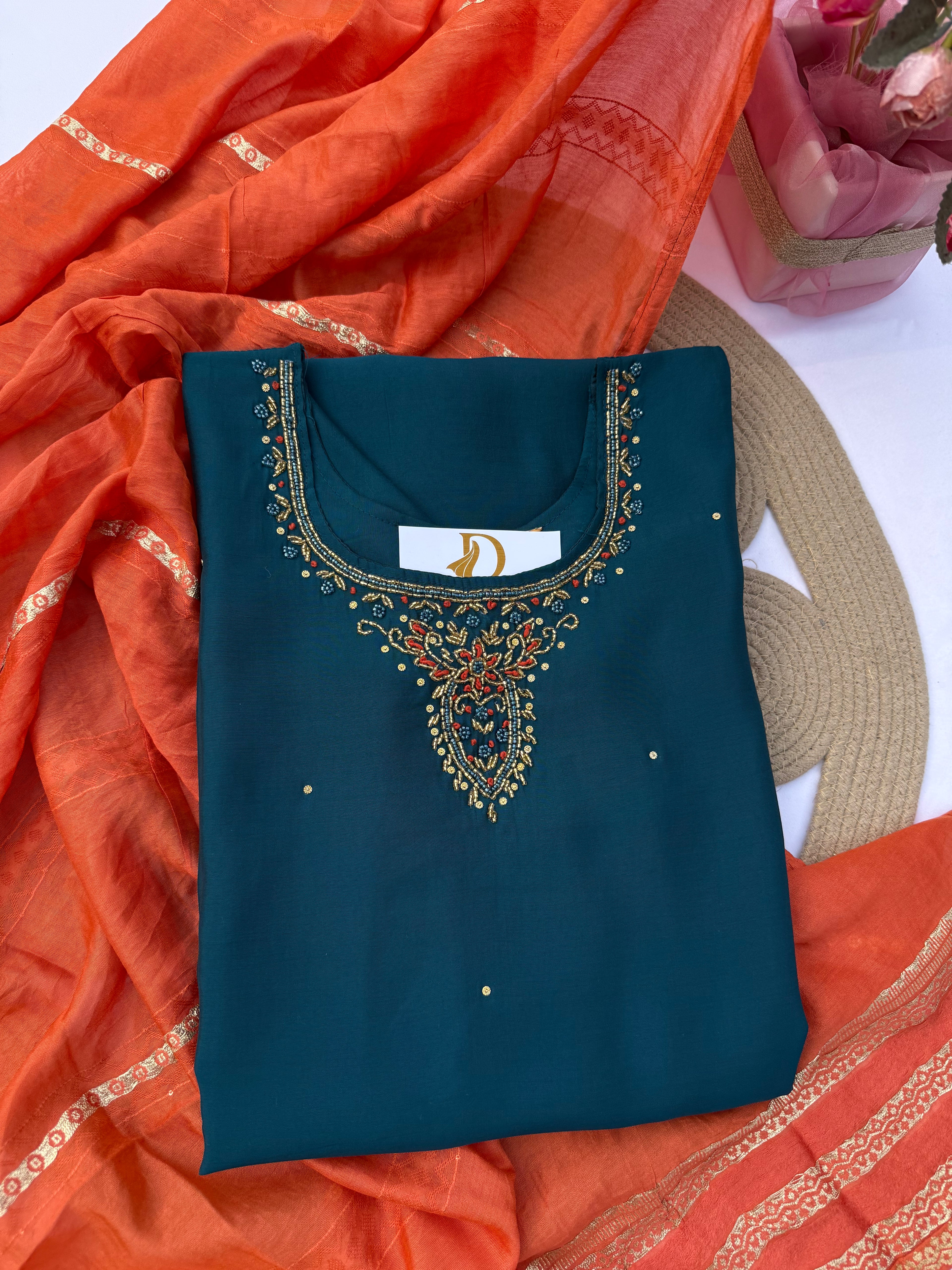 S129 Elegant Roman Silk Suit Set with Contrast Dupatta