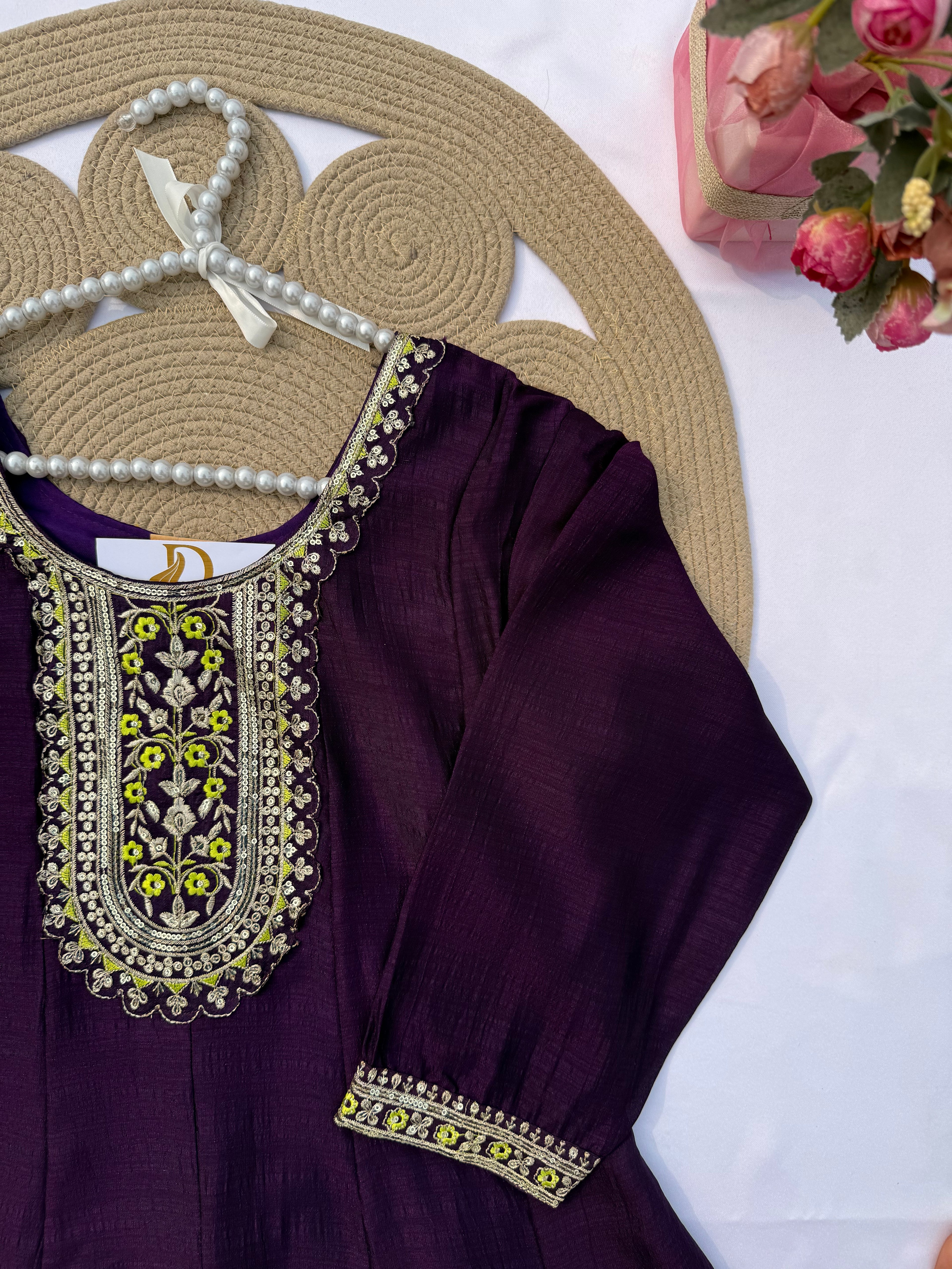 A108 Vichitra Silk Suit Set with Contrast Embroidery & Dupatta