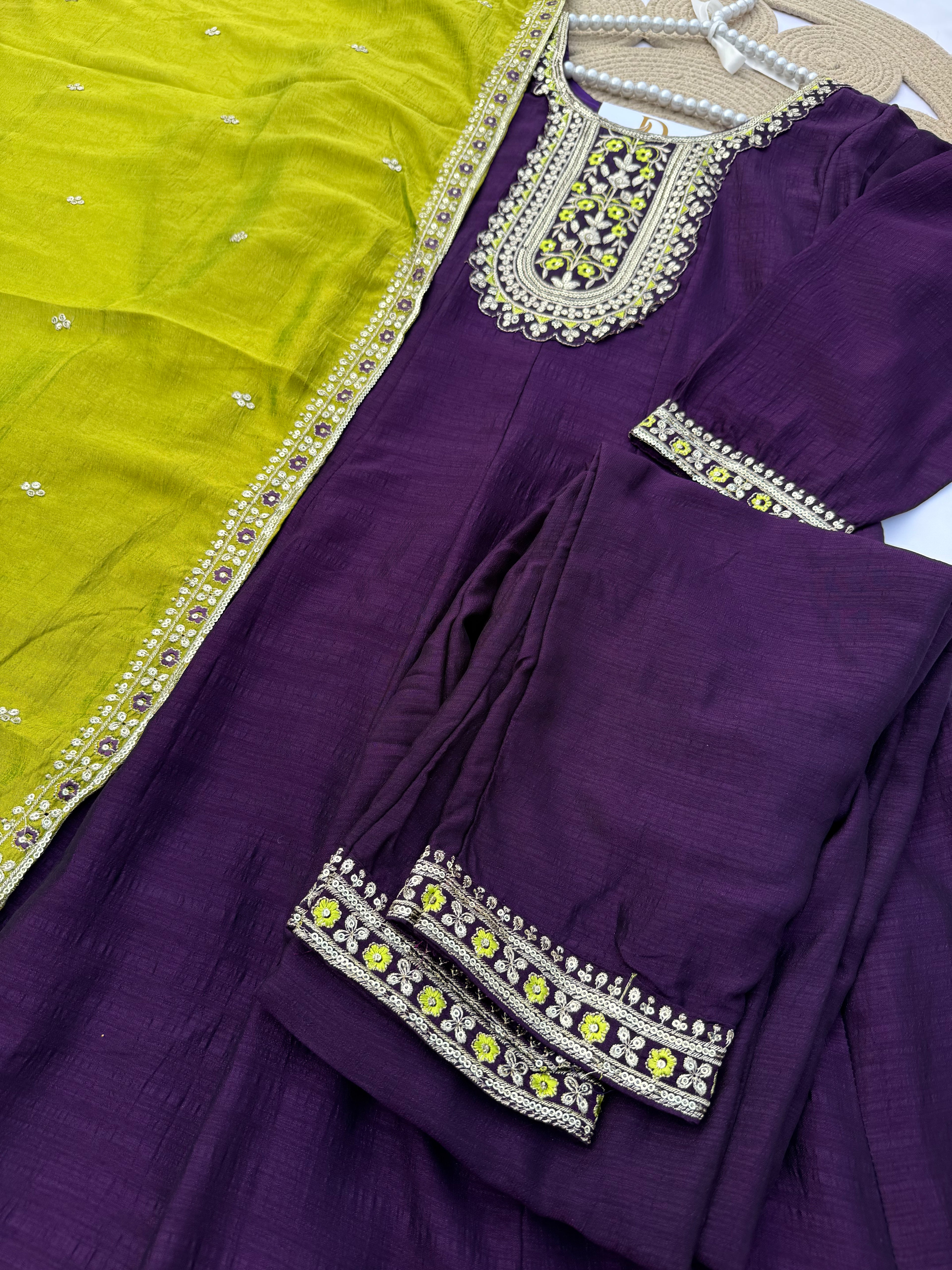 A108 Vichitra Silk Suit Set with Contrast Embroidery & Dupatta