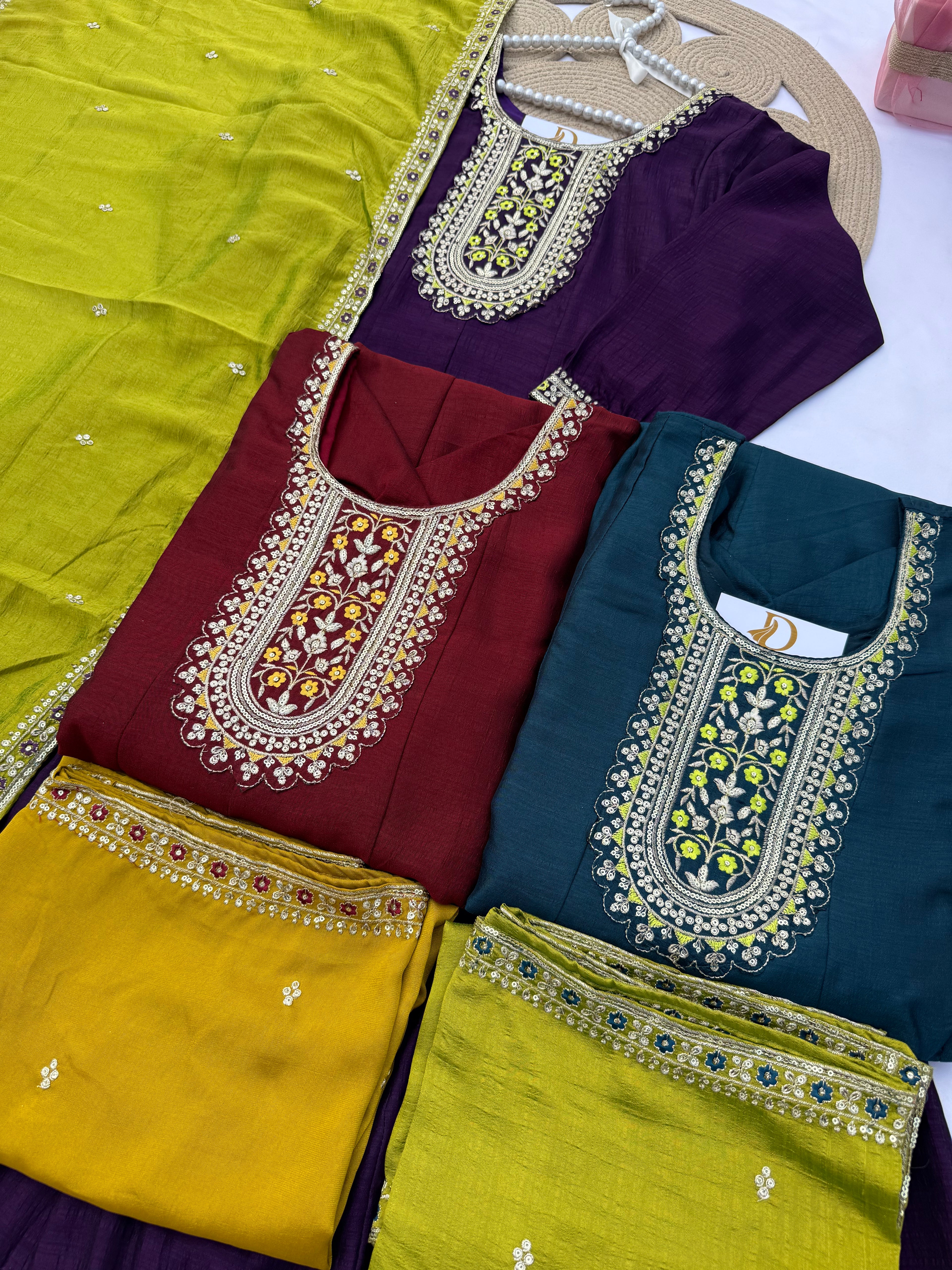 A108 Vichitra Silk Suit Set with Contrast Embroidery & Dupatta