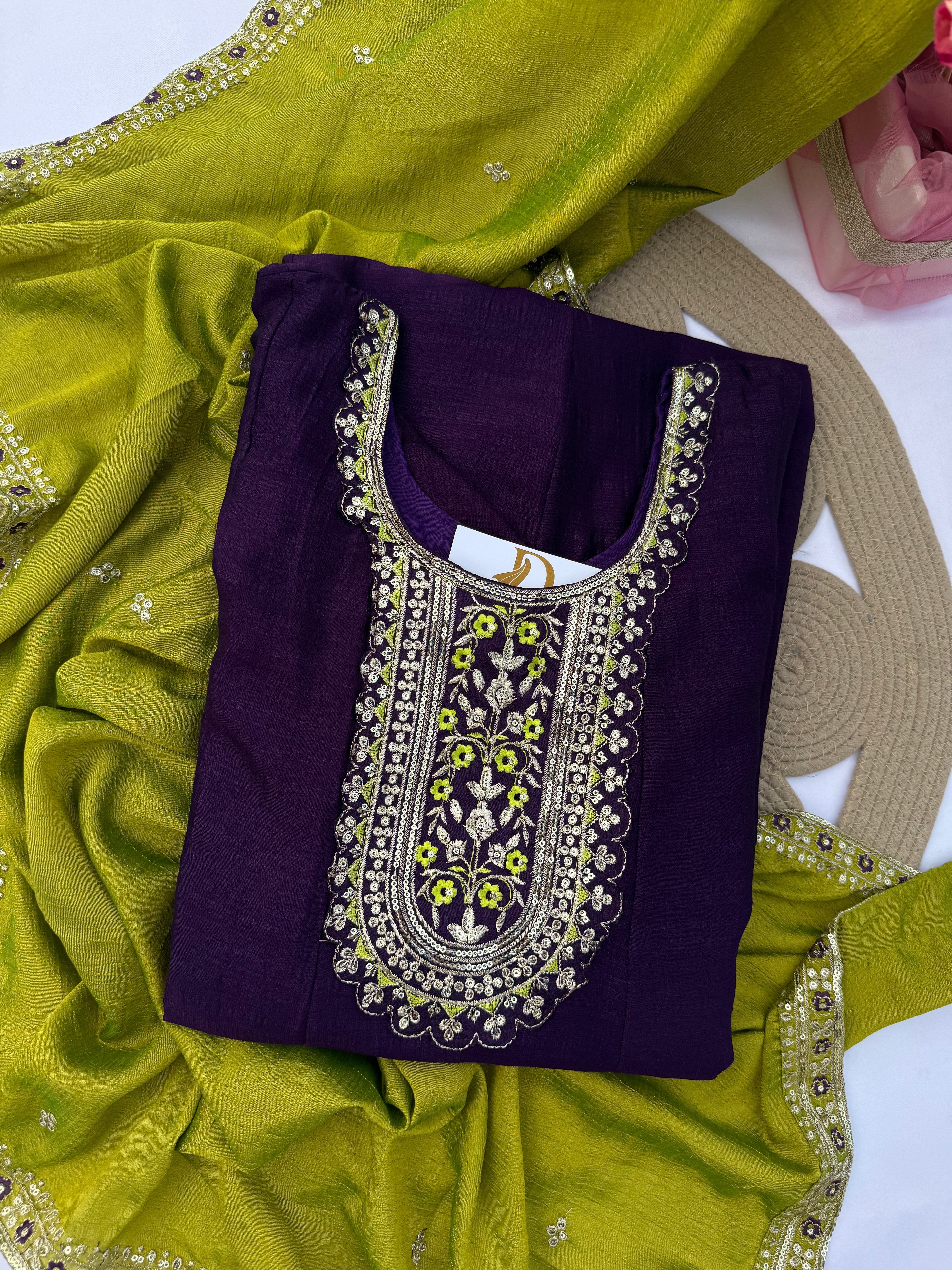 A108 Vichitra Silk Suit Set with Contrast Embroidery & Dupatta