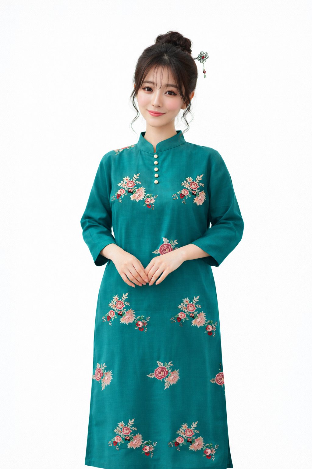 S118 Korean-Inspired Roman Silk Embroidered Kurti Set