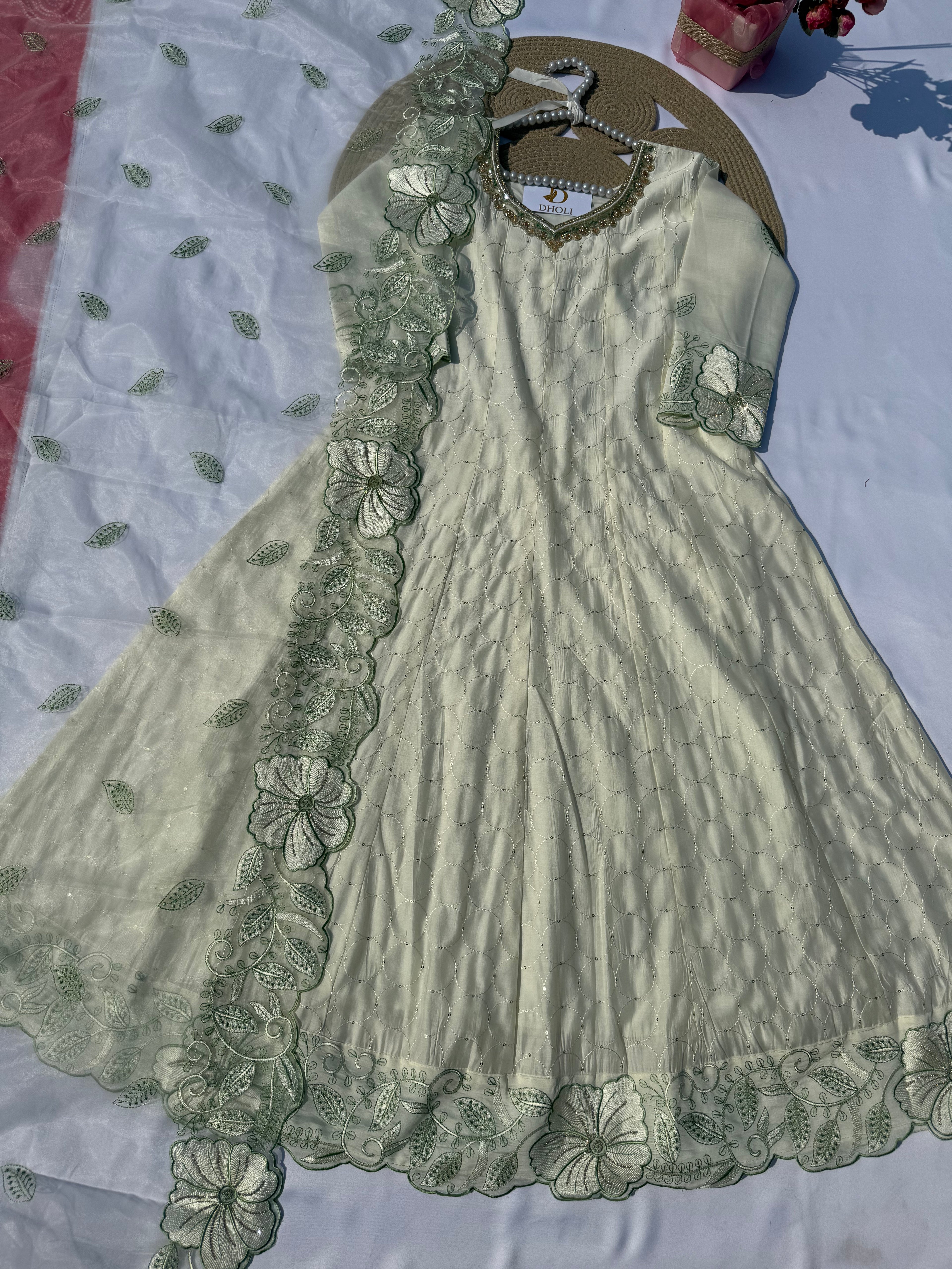 A-101 Embroidered Anarkali Suit Set with Handworked Neck – Pant & Dupatta