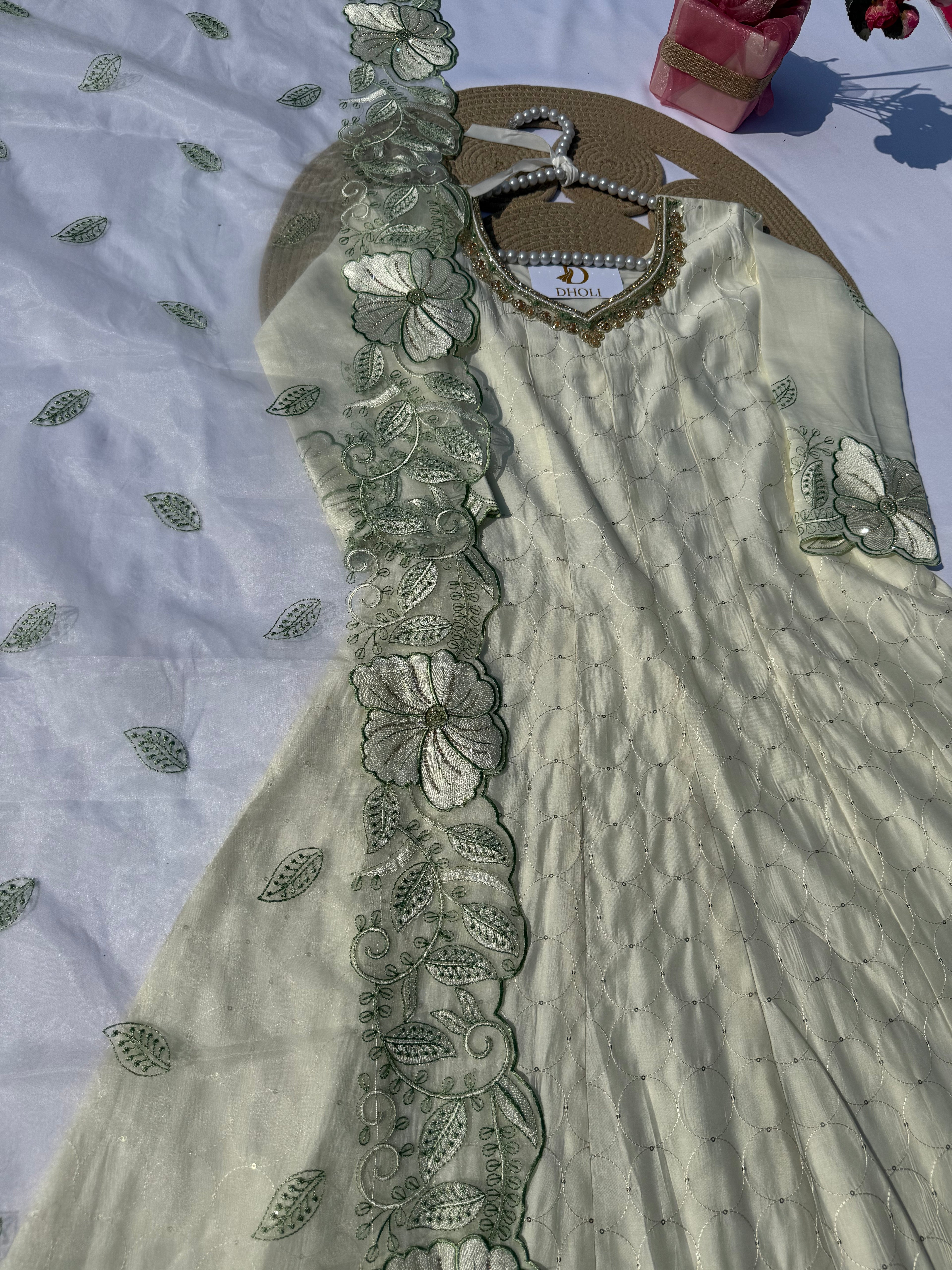 A-101 Embroidered Anarkali Suit Set with Handworked Neck – Pant & Dupatta