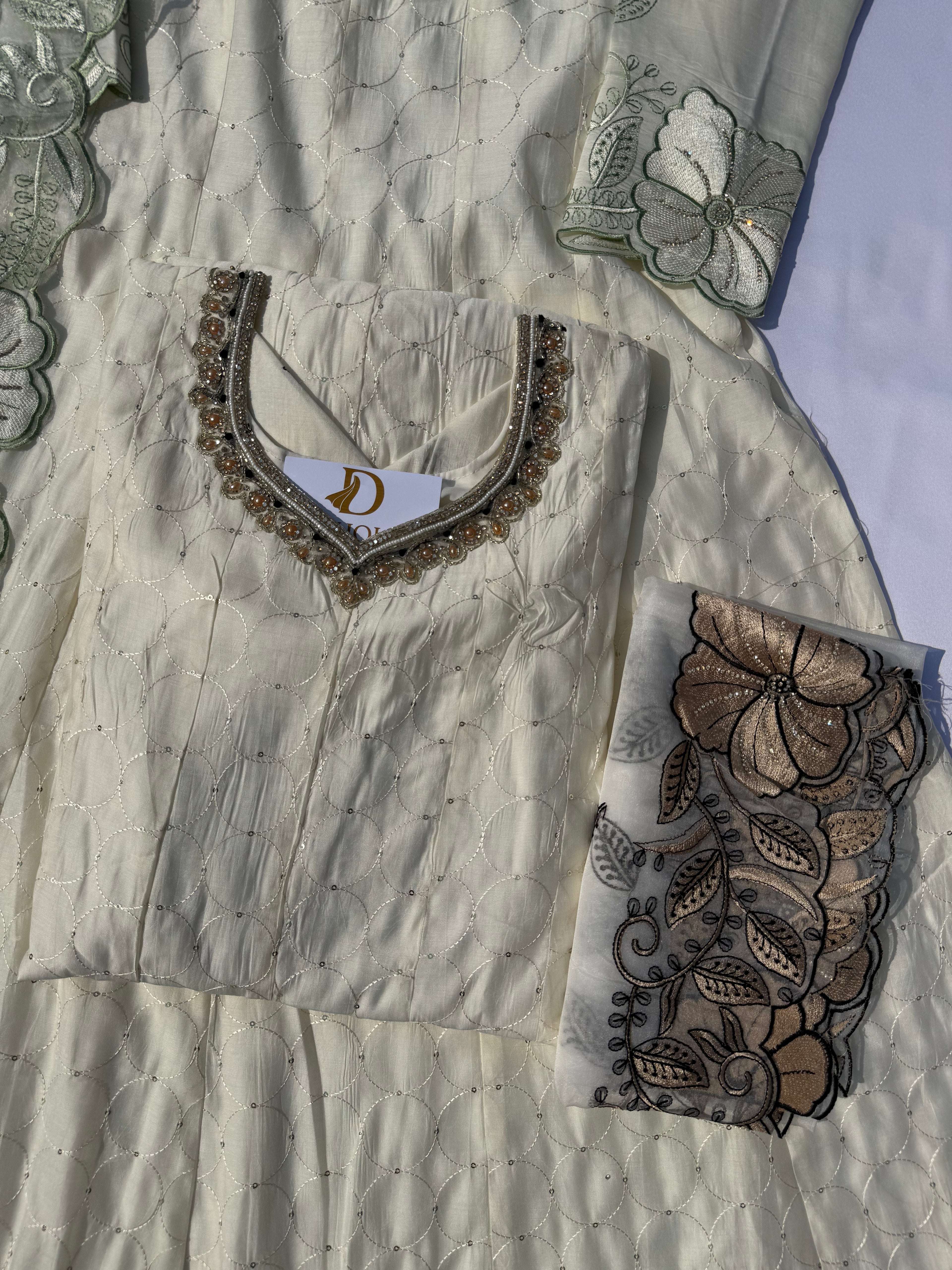 A-101 Embroidered Anarkali Suit Set with Handworked Neck – Pant & Dupatta