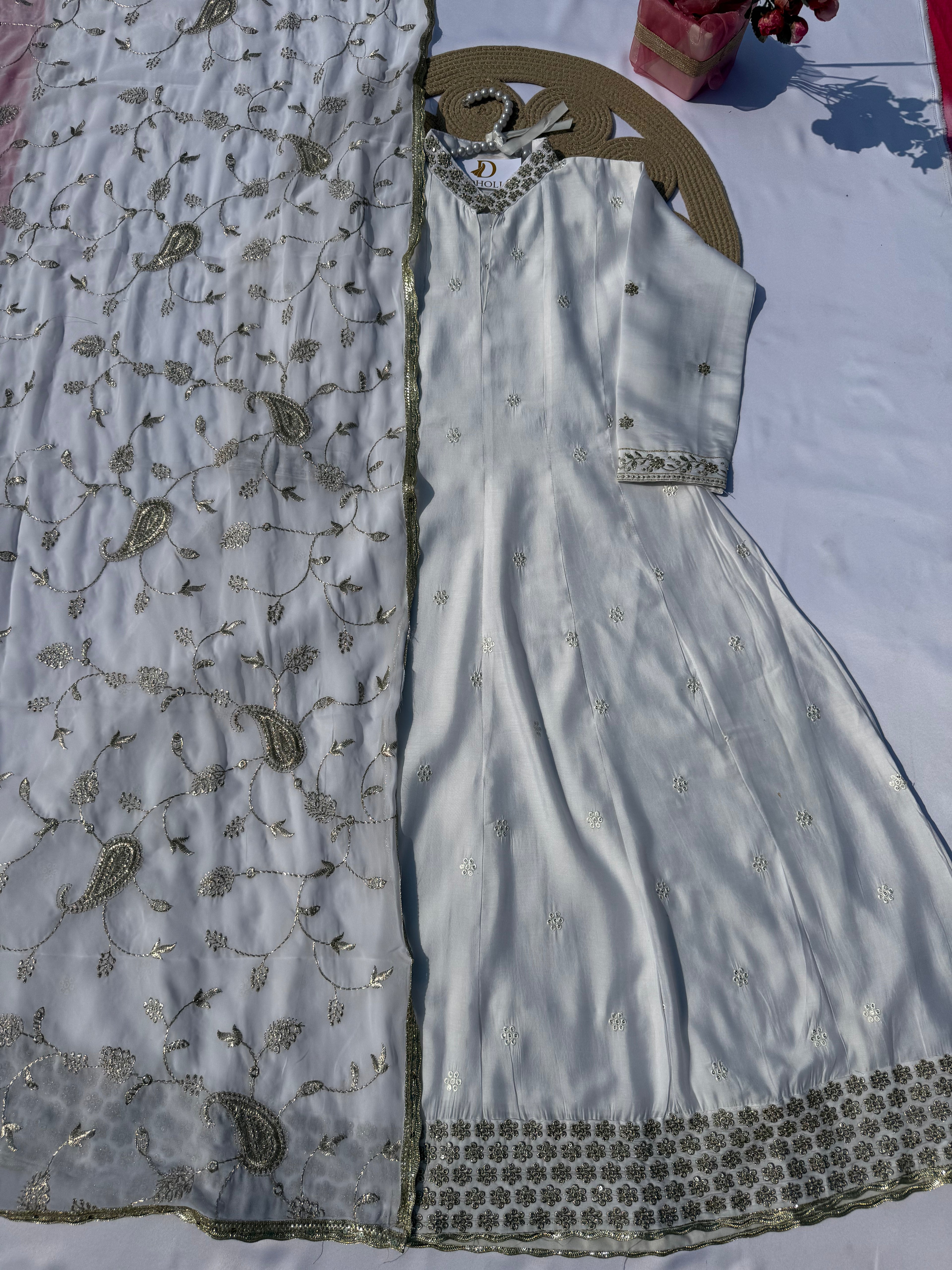 A-102 Embroidered Anarkali Suit with Handwork Neck & Jaal Dupatta