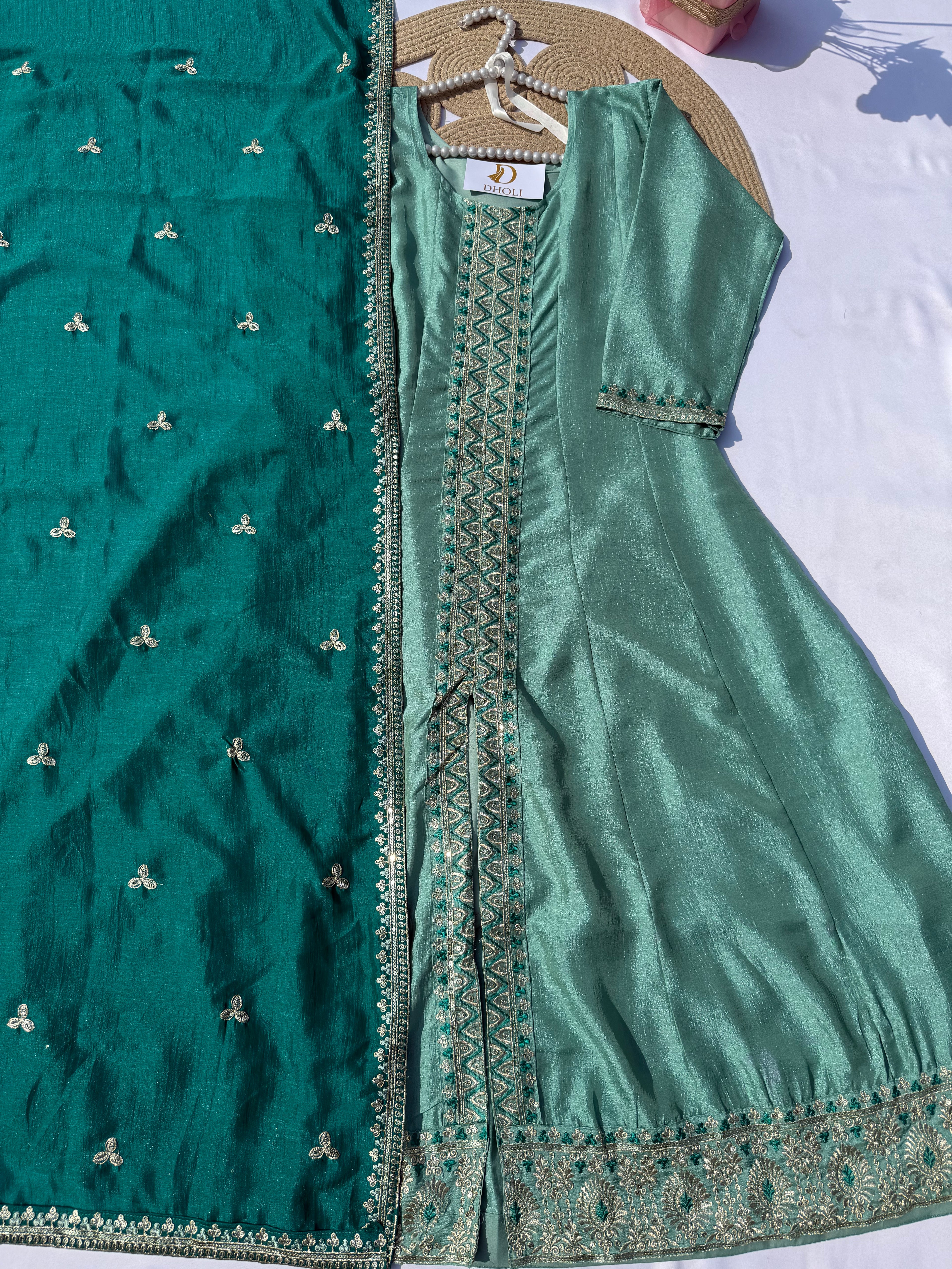 A-103 Embroidered Vichitra Silk Anarkali Suit Set with Contrast Dupatta