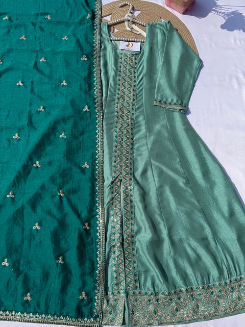 A-103 Embroidered Vichitra Silk Anarkali Suit Set with Contrast Dupatta