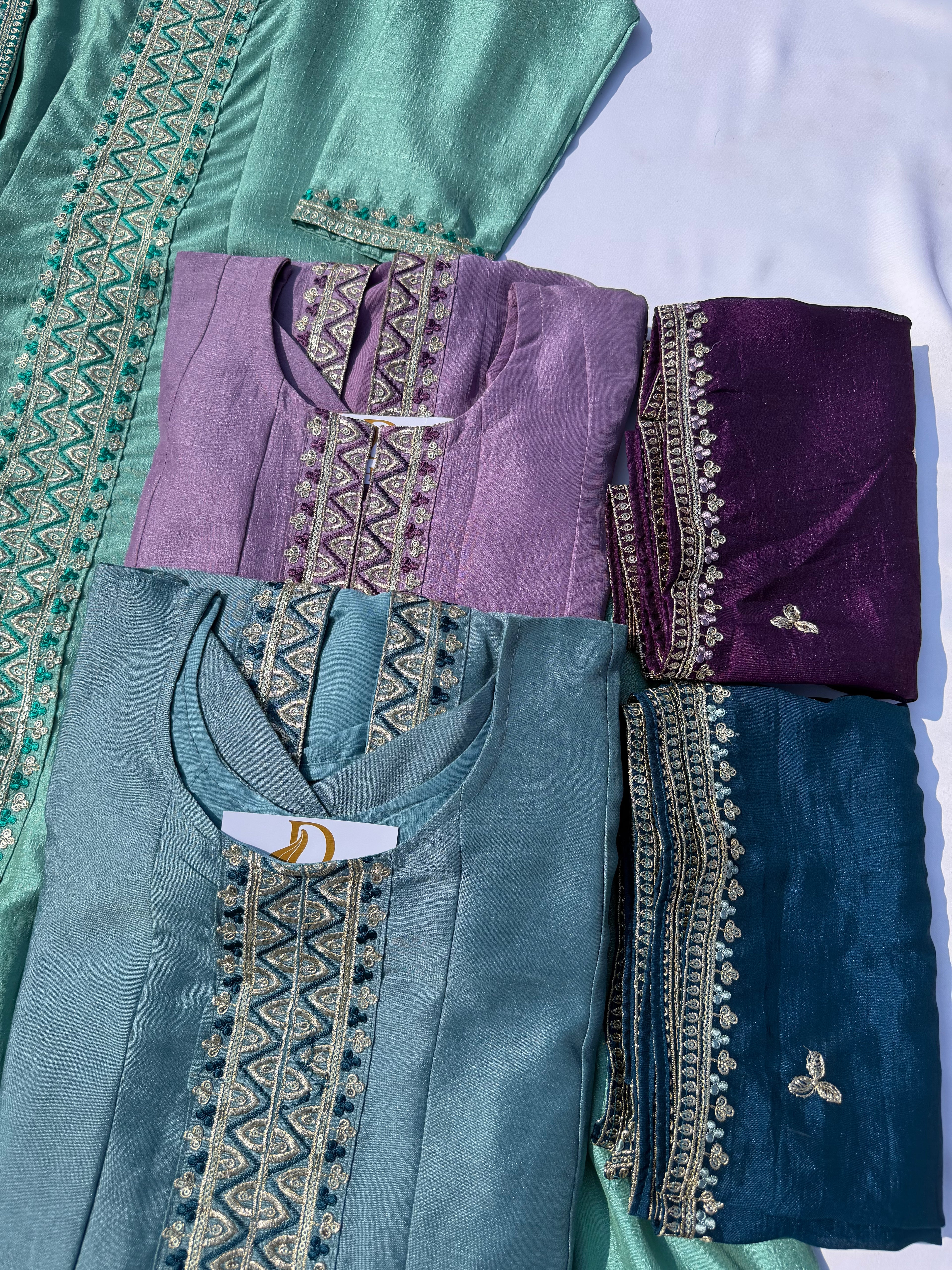 A-103 Embroidered Vichitra Silk Anarkali Suit Set with Contrast Dupatta