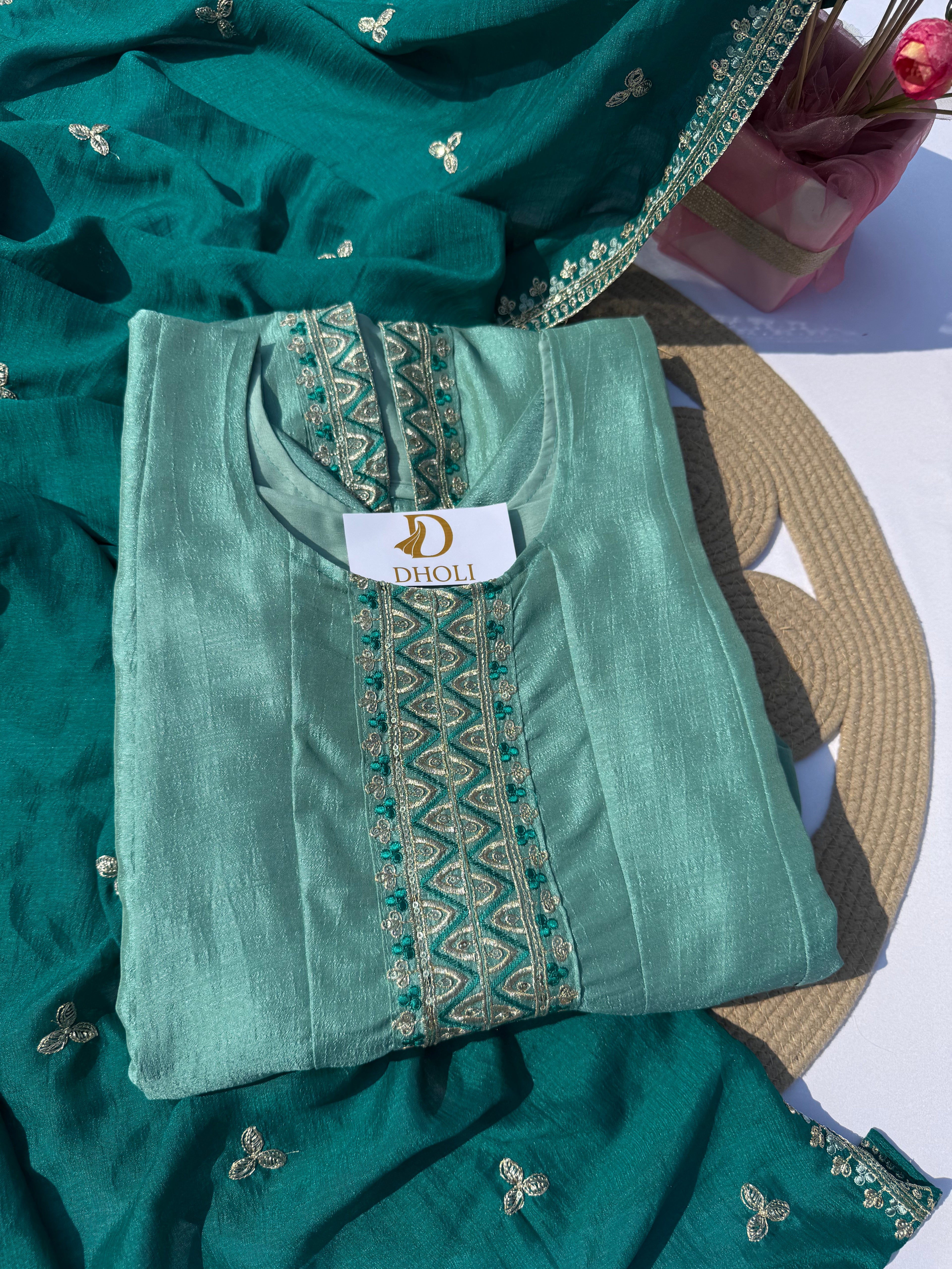 A-103 Embroidered Vichitra Silk Anarkali Suit Set with Contrast Dupatta