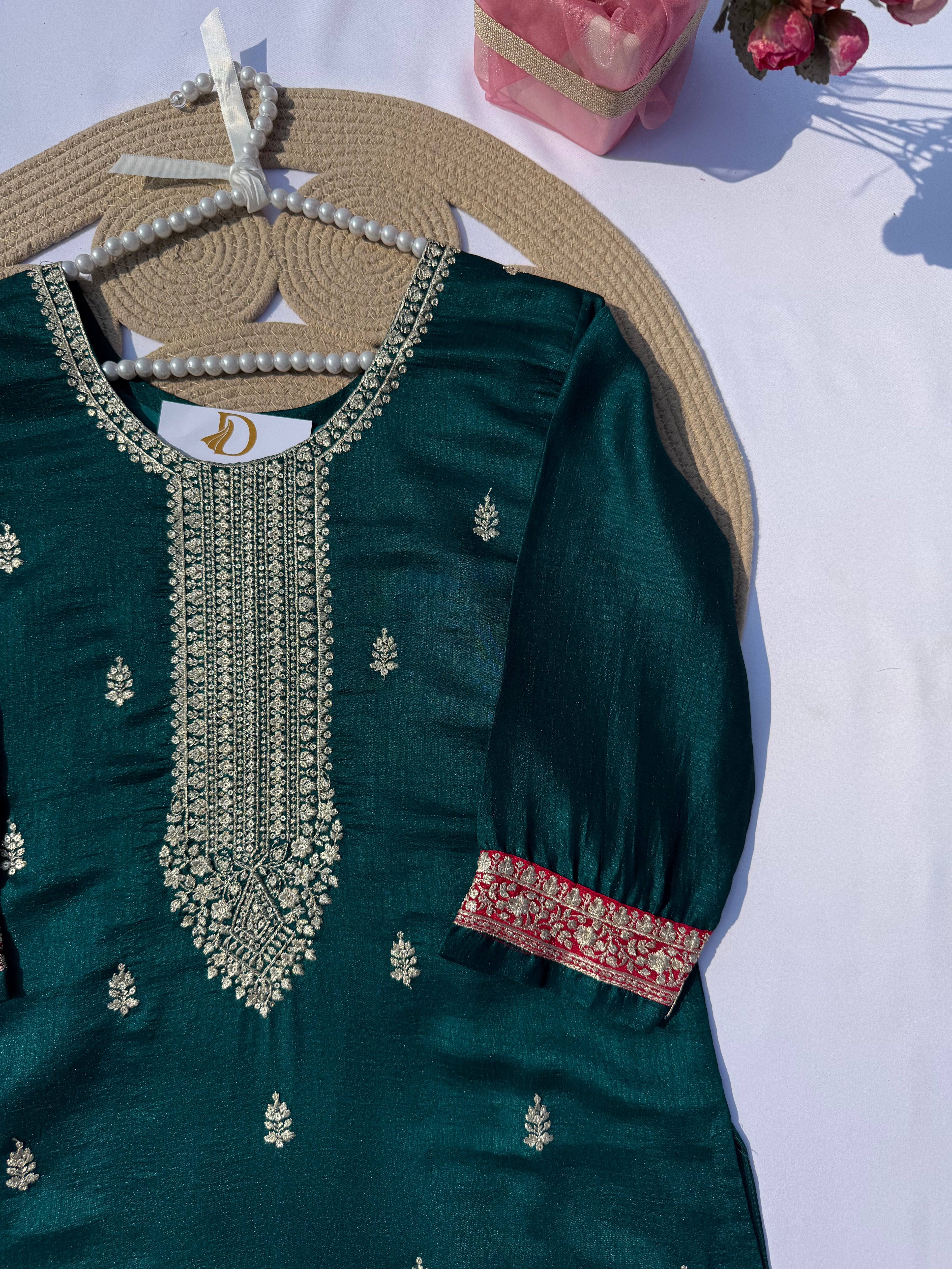 S110 Vichitra Silk Embroidered Straight Suit Set with Contrast Dupatta