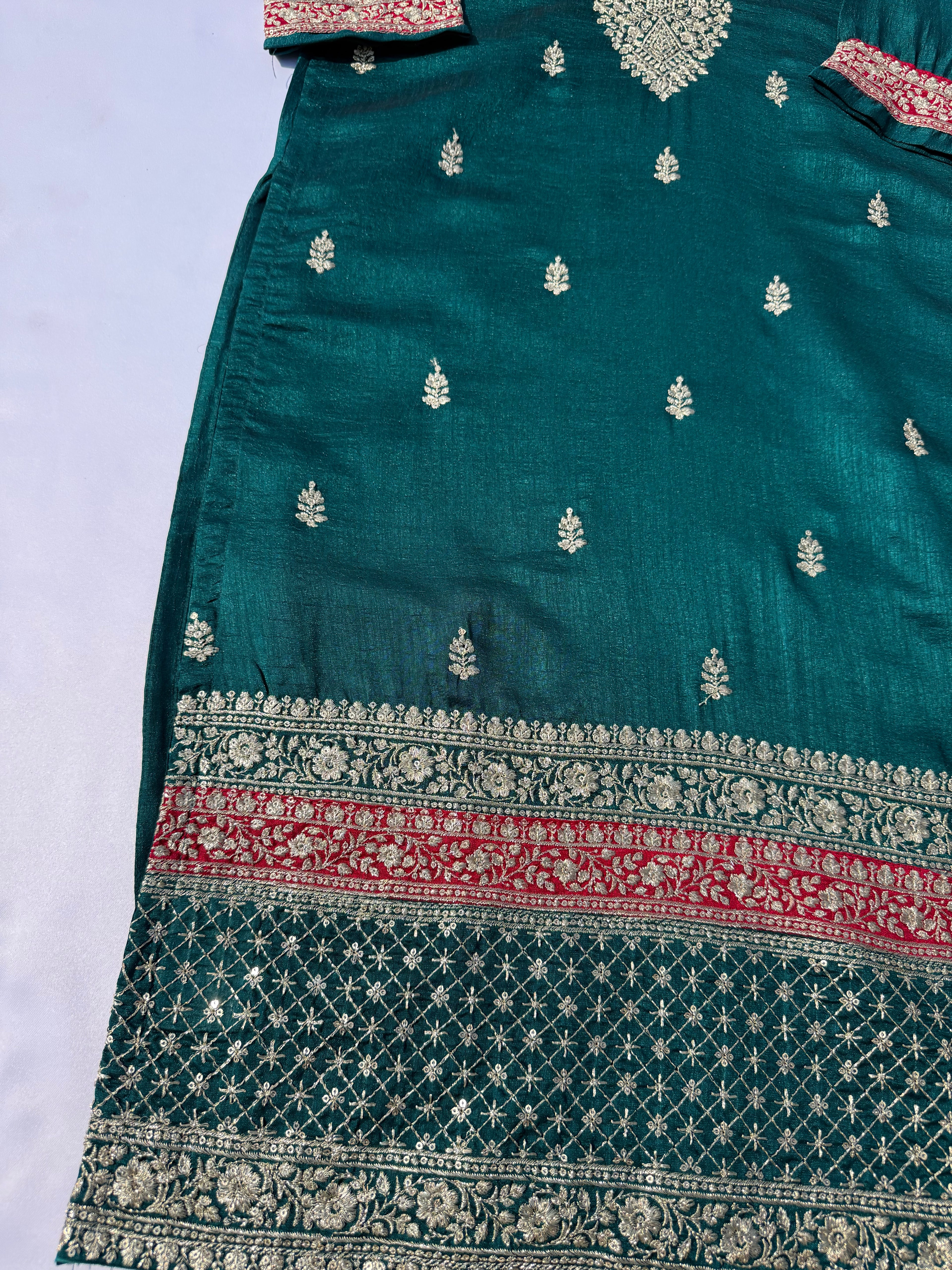 S110 Vichitra Silk Embroidered Straight Suit Set with Contrast Dupatta