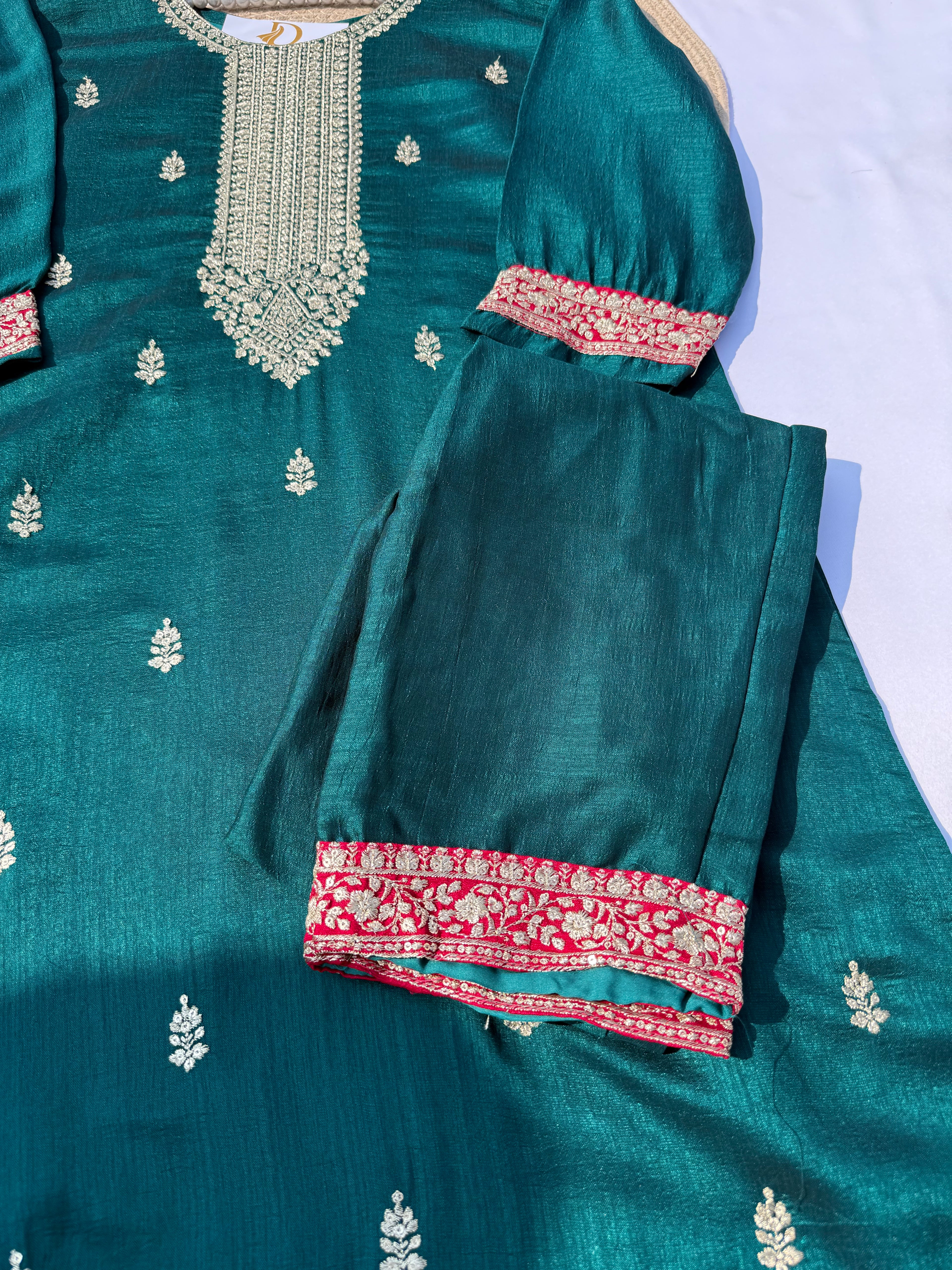 S110 Vichitra Silk Embroidered Straight Suit Set with Contrast Dupatta