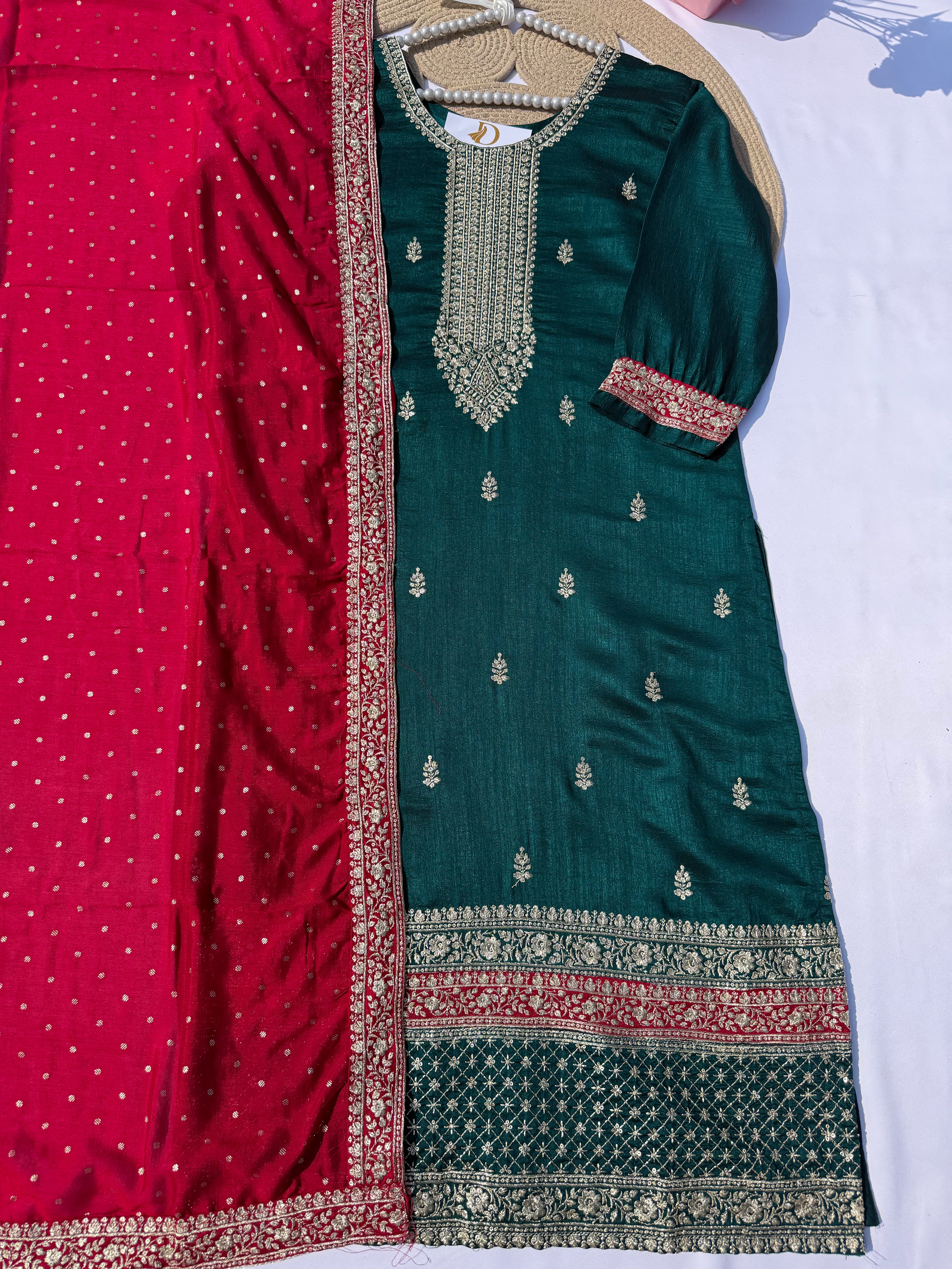 S110 Vichitra Silk Embroidered Straight Suit Set with Contrast Dupatta