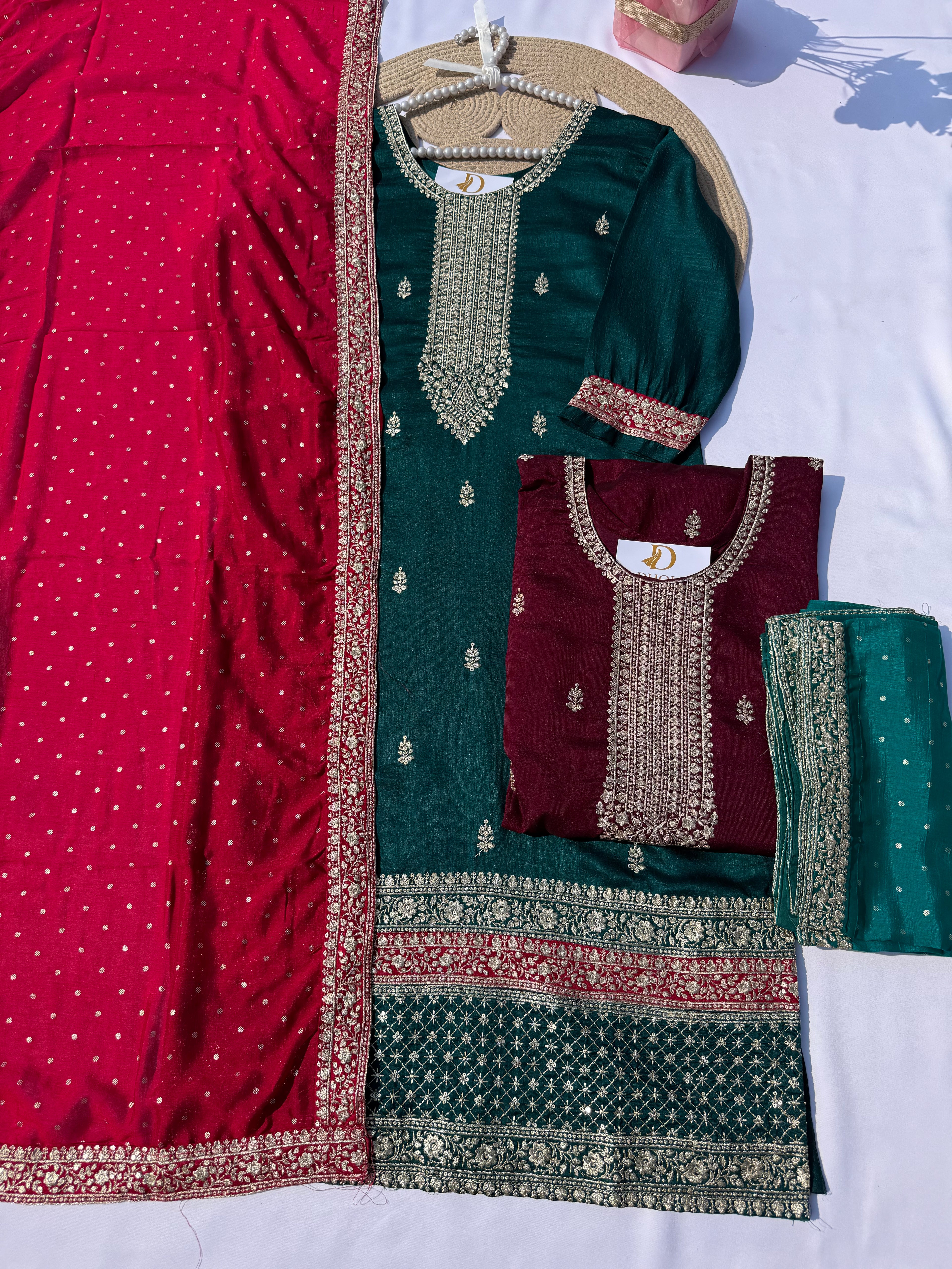 S110 Vichitra Silk Embroidered Straight Suit Set with Contrast Dupatta