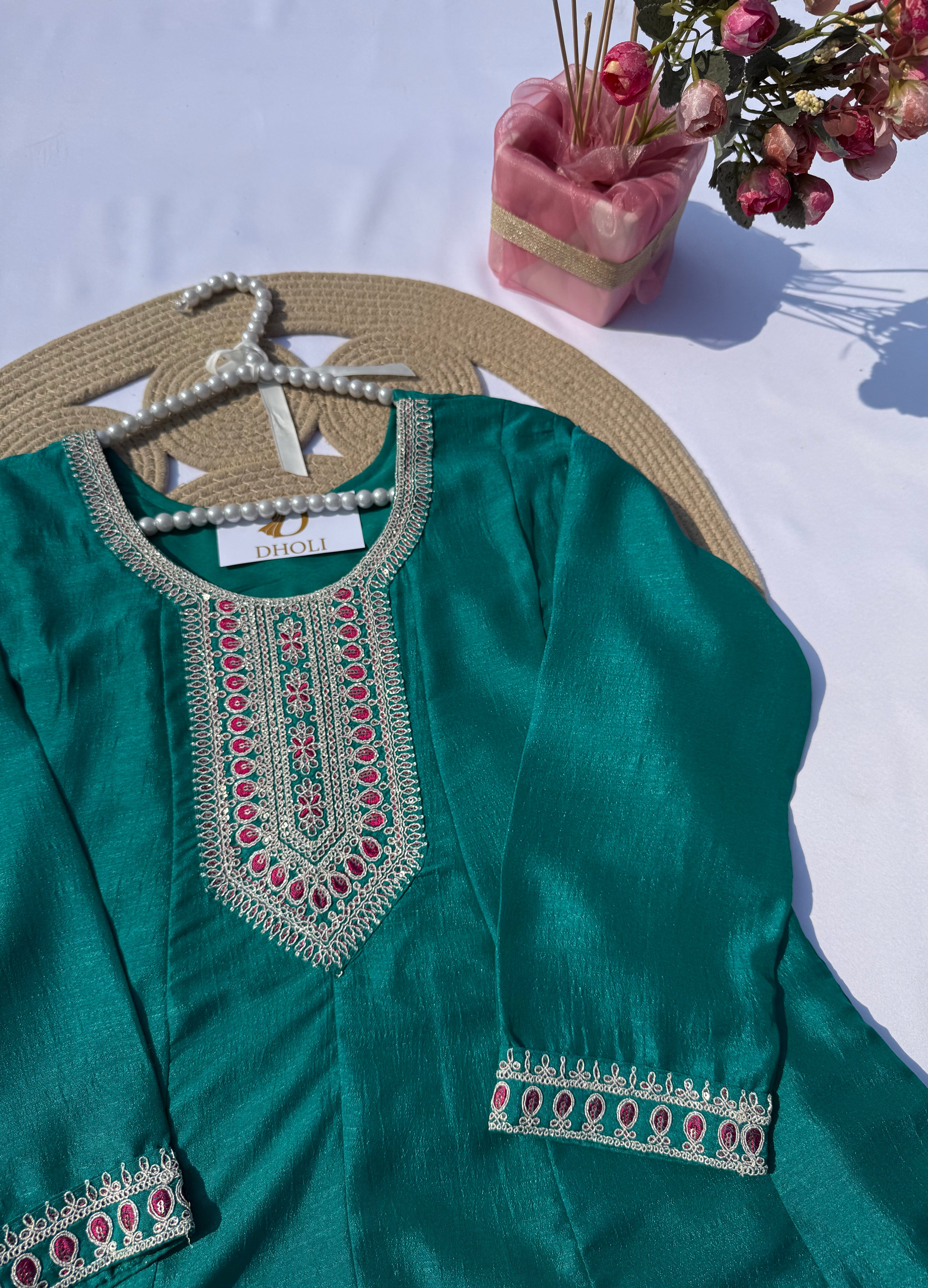 A-105 Vichitra Silk Anarkali Suit Set with Embroidered Neck, Daman & Contrast Dupatta