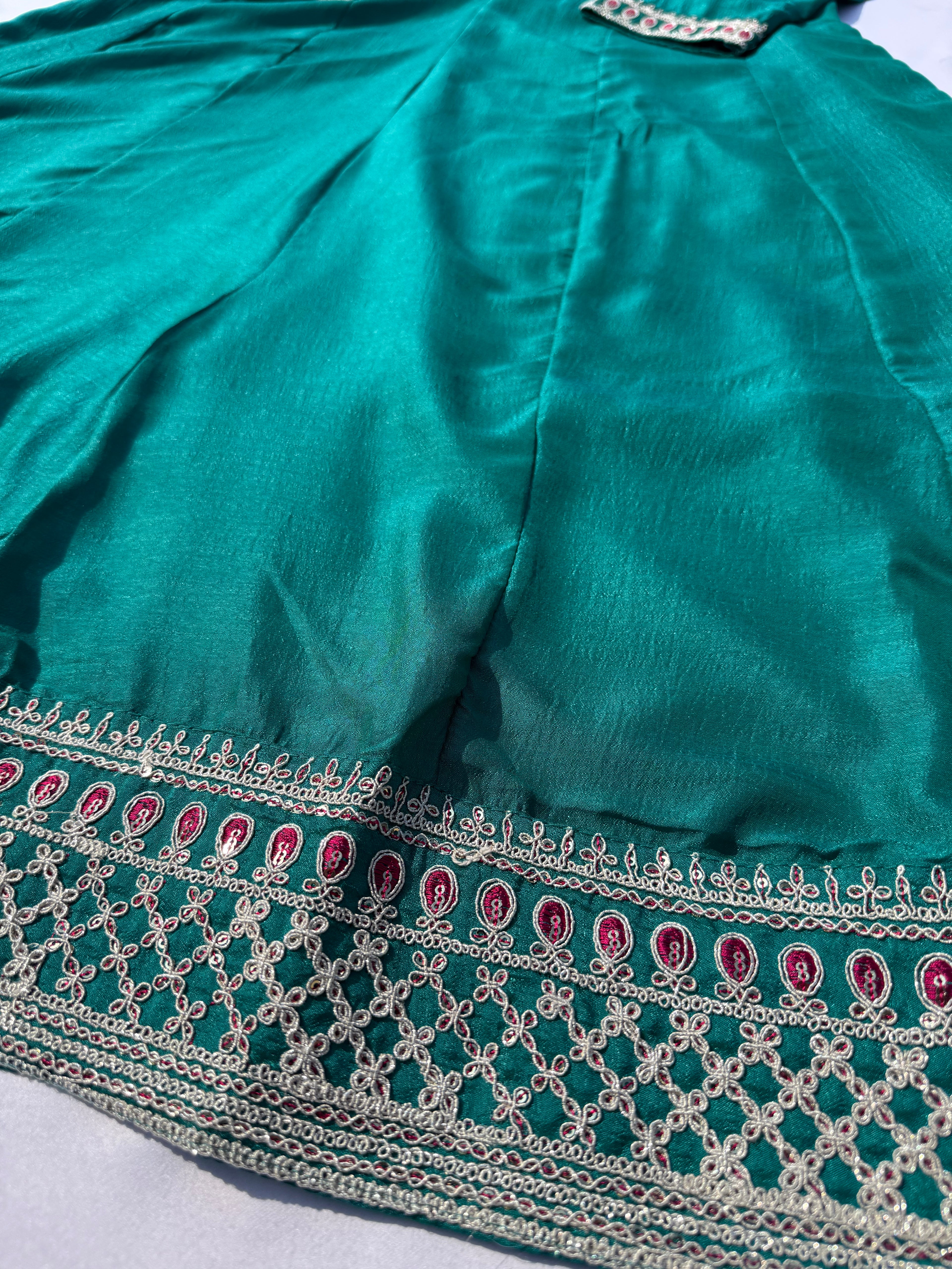 A-105 Vichitra Silk Anarkali Suit Set with Embroidered Neck, Daman & Contrast Dupatta