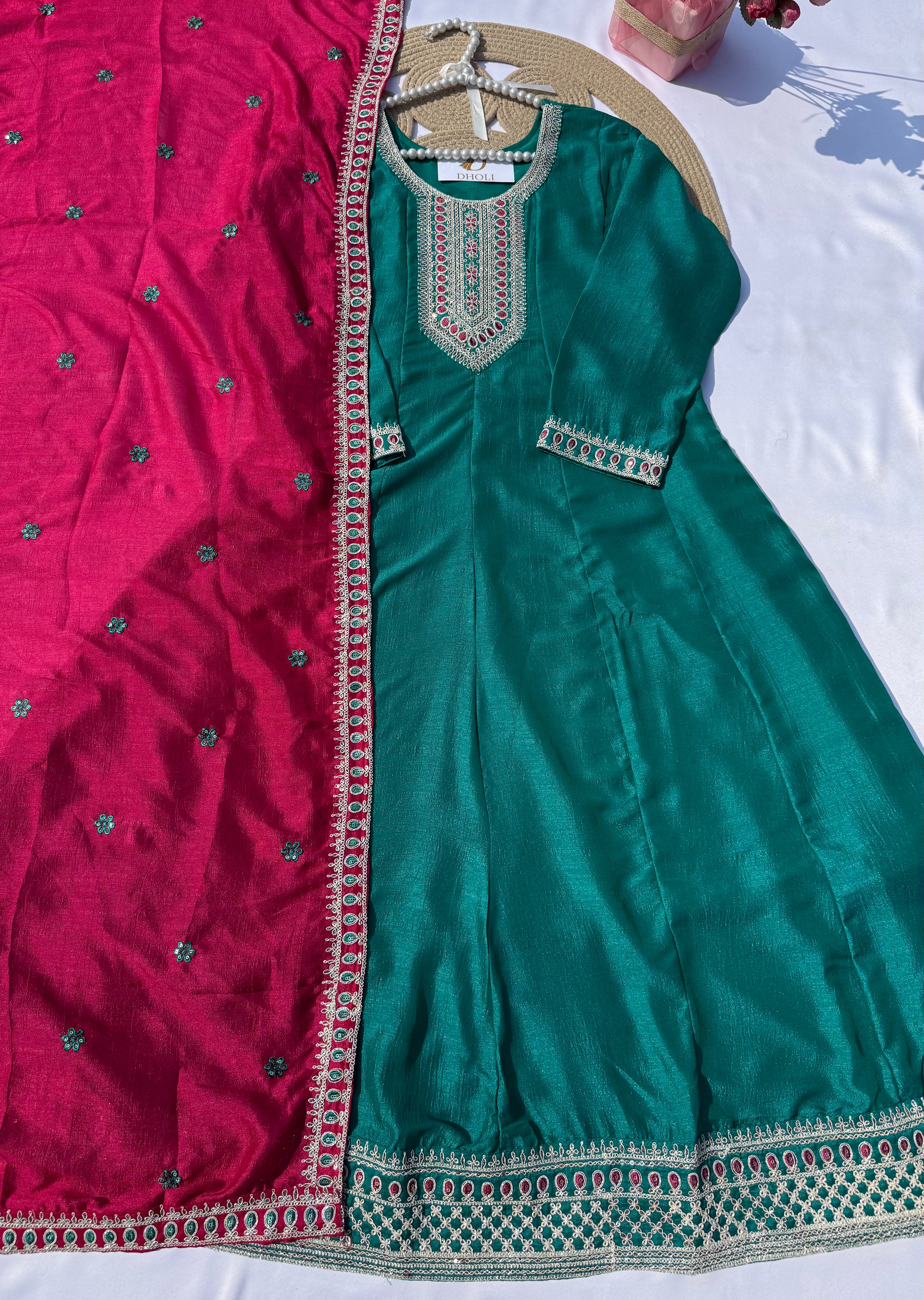 A-105 Vichitra Silk Anarkali Suit Set with Embroidered Neck, Daman & Contrast Dupatta