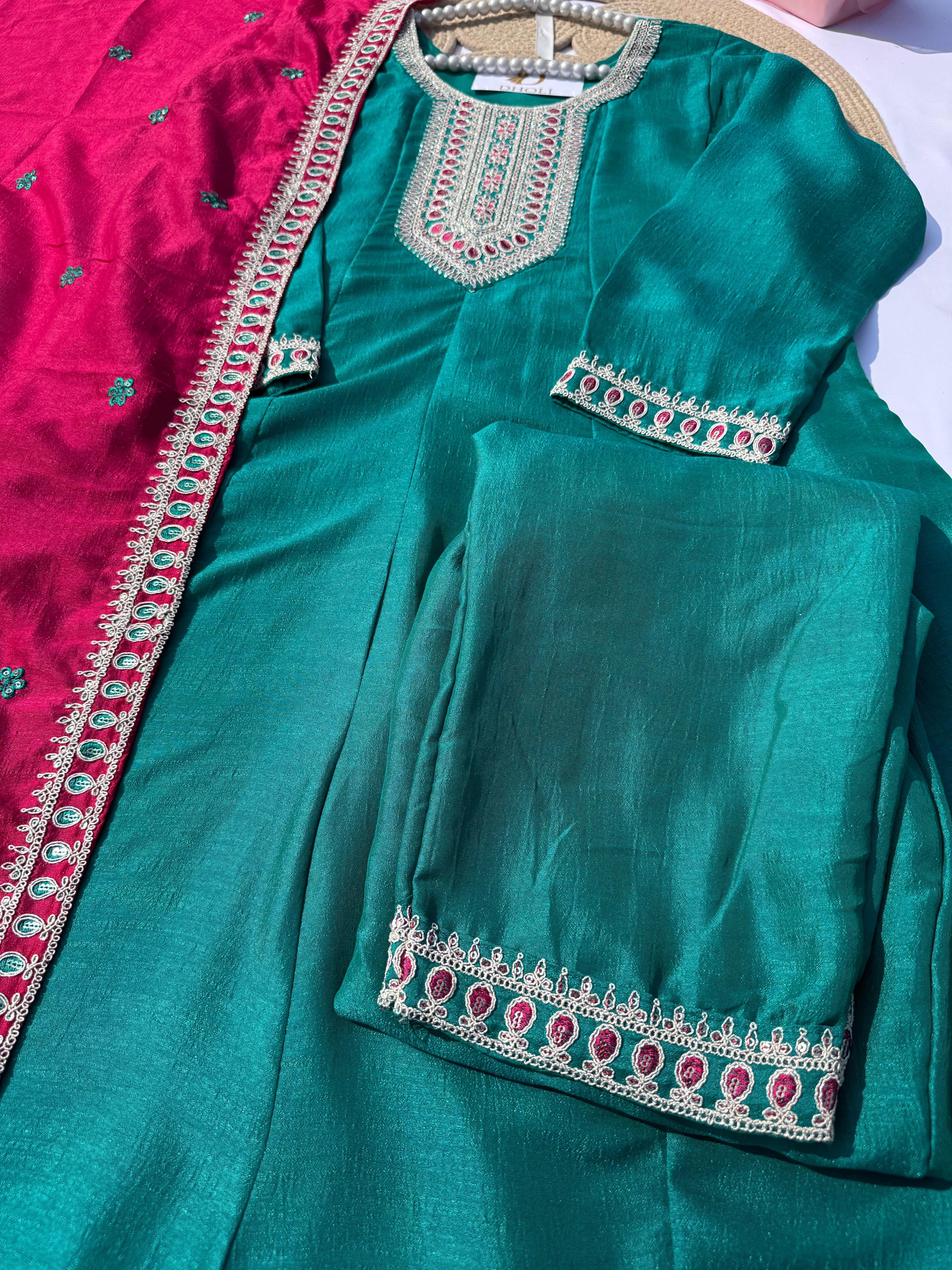 A-105 Vichitra Silk Anarkali Suit Set with Embroidered Neck, Daman & Contrast Dupatta