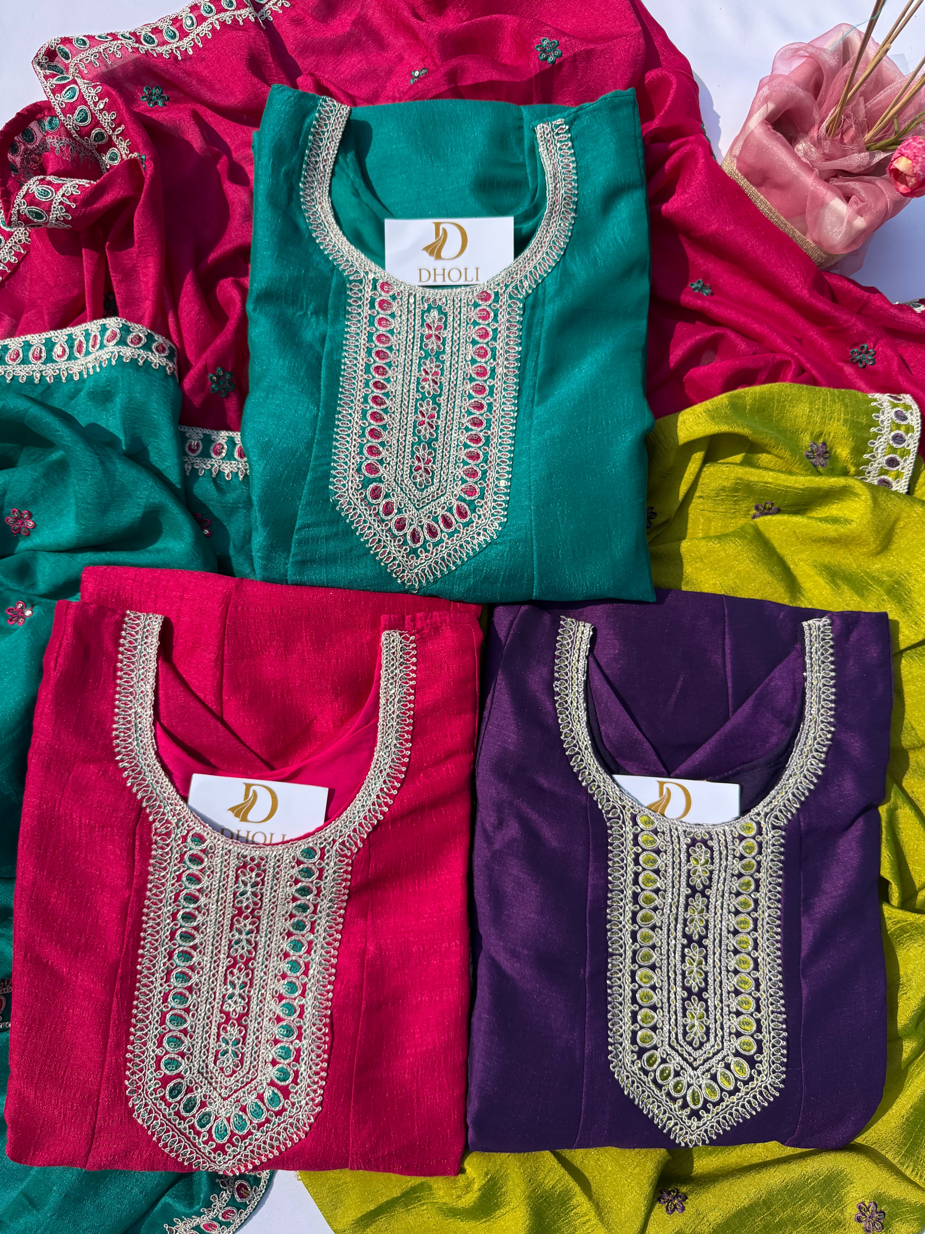 A-105 Vichitra Silk Anarkali Suit Set with Embroidered Neck, Daman & Contrast Dupatta