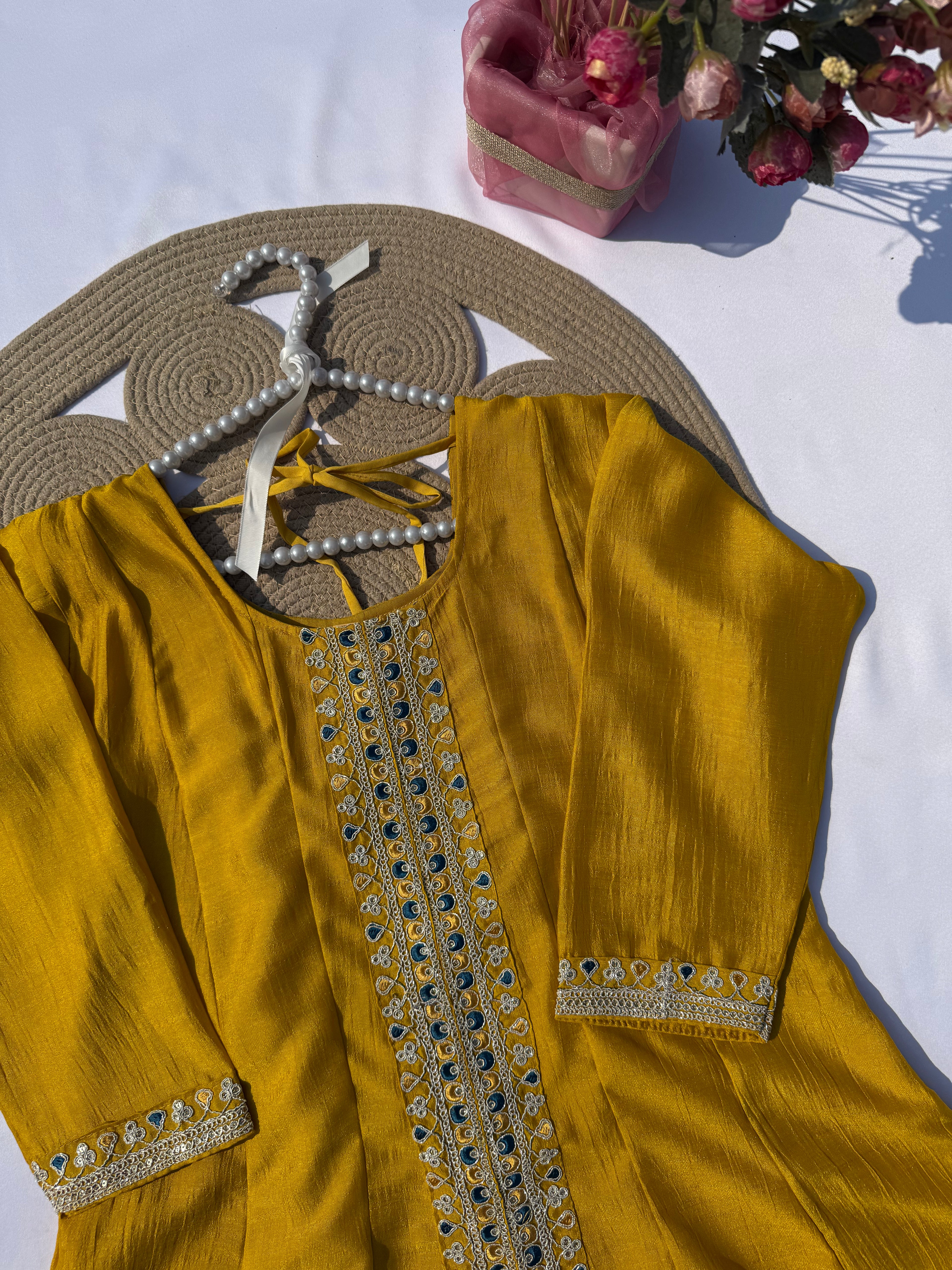 A-104 Vichitra Silk Anarkali Suit Set with Contrast Embroidered Dupatta