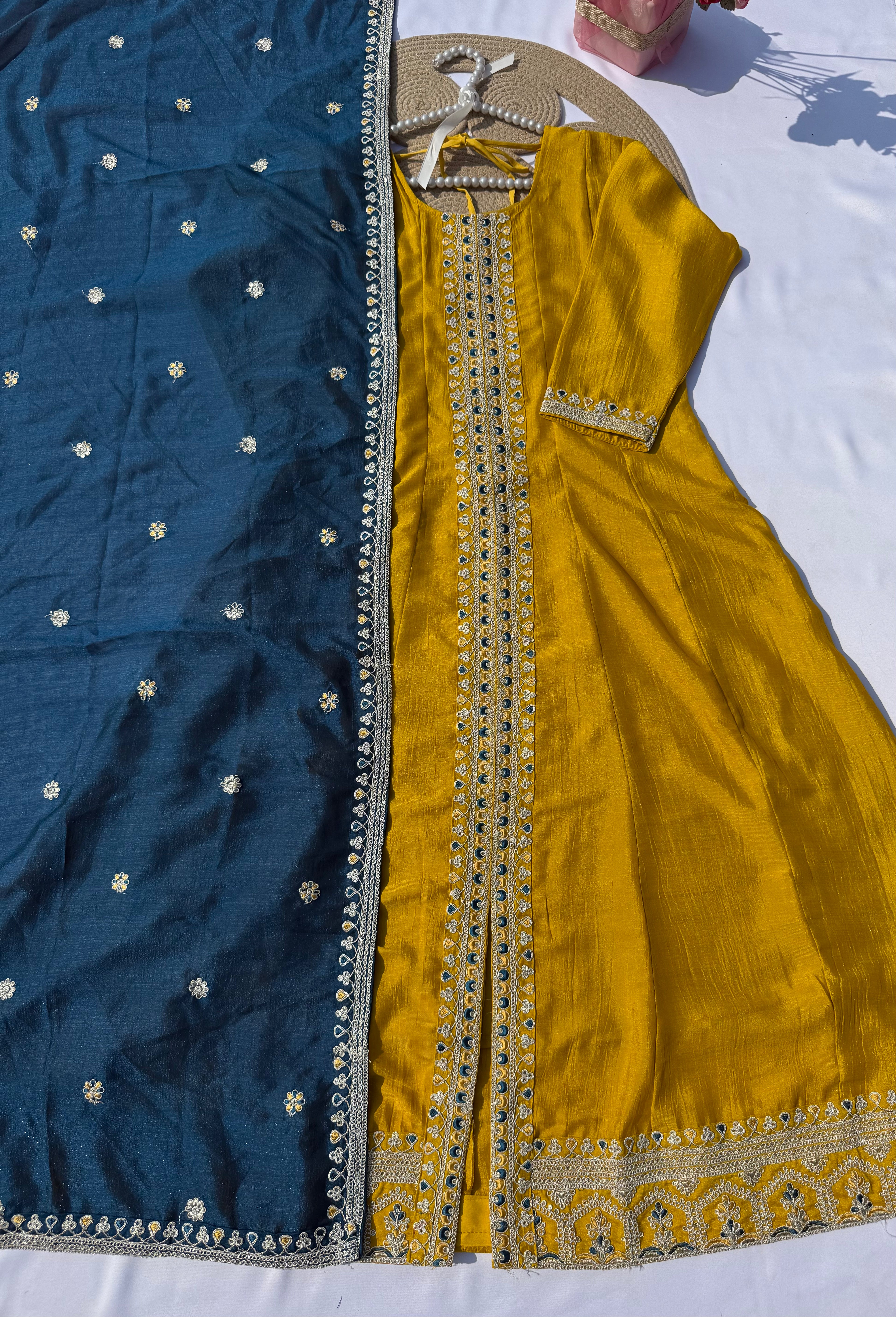 A-104 Vichitra Silk Anarkali Suit Set with Contrast Embroidered Dupatta