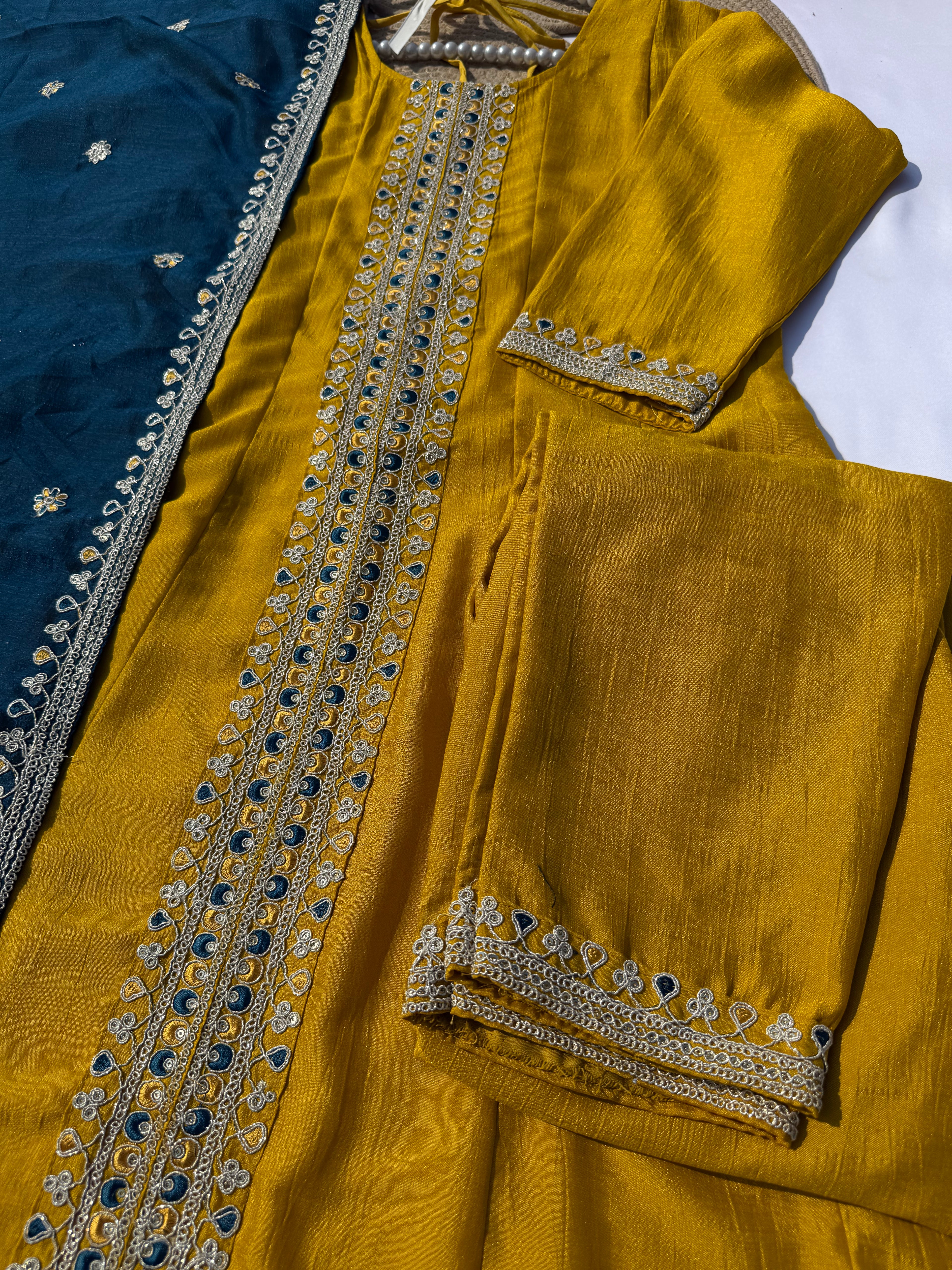 A-104 Vichitra Silk Anarkali Suit Set with Contrast Embroidered Dupatta