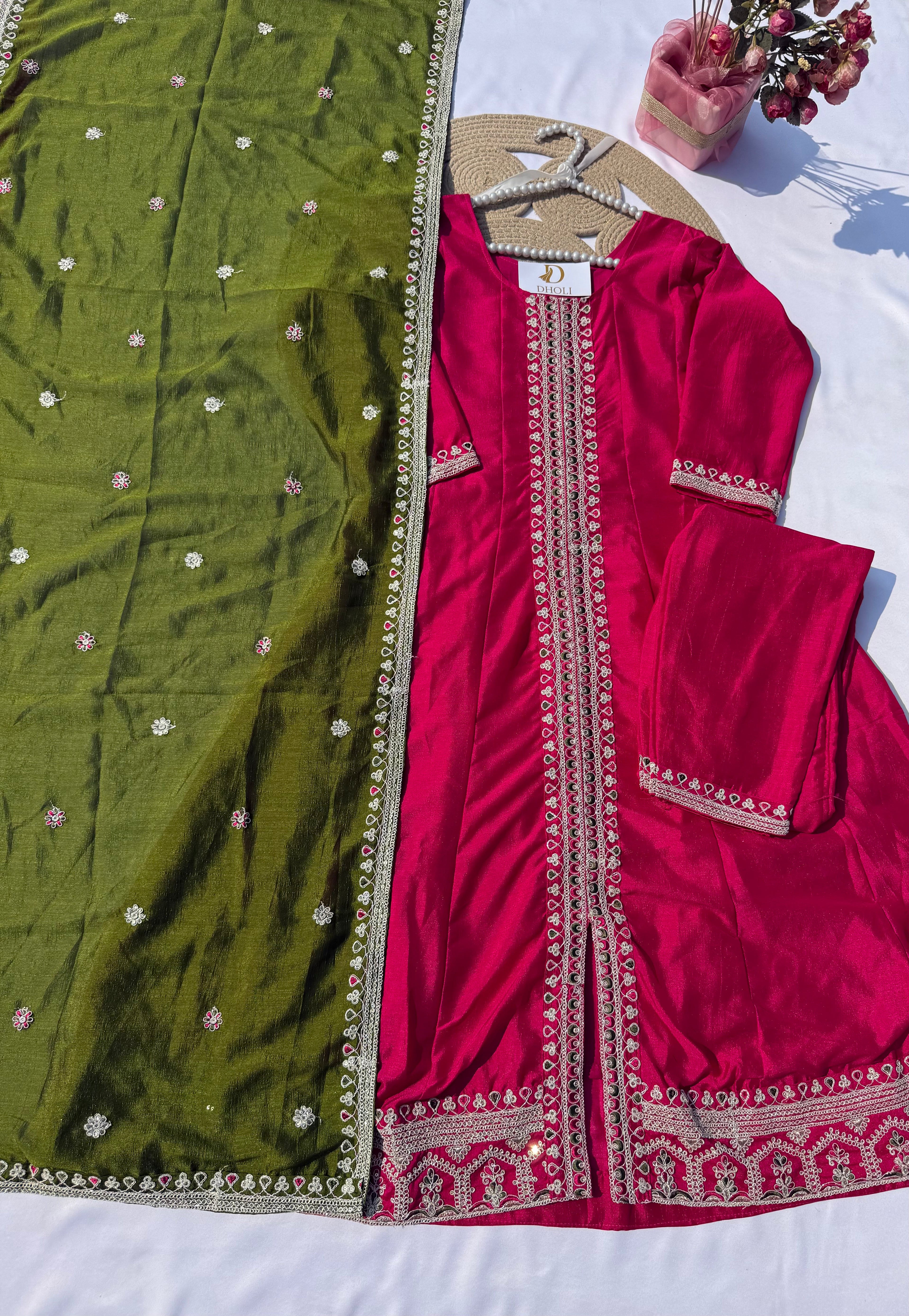 A-104 Vichitra Silk Anarkali Suit Set with Contrast Embroidered Dupatta
