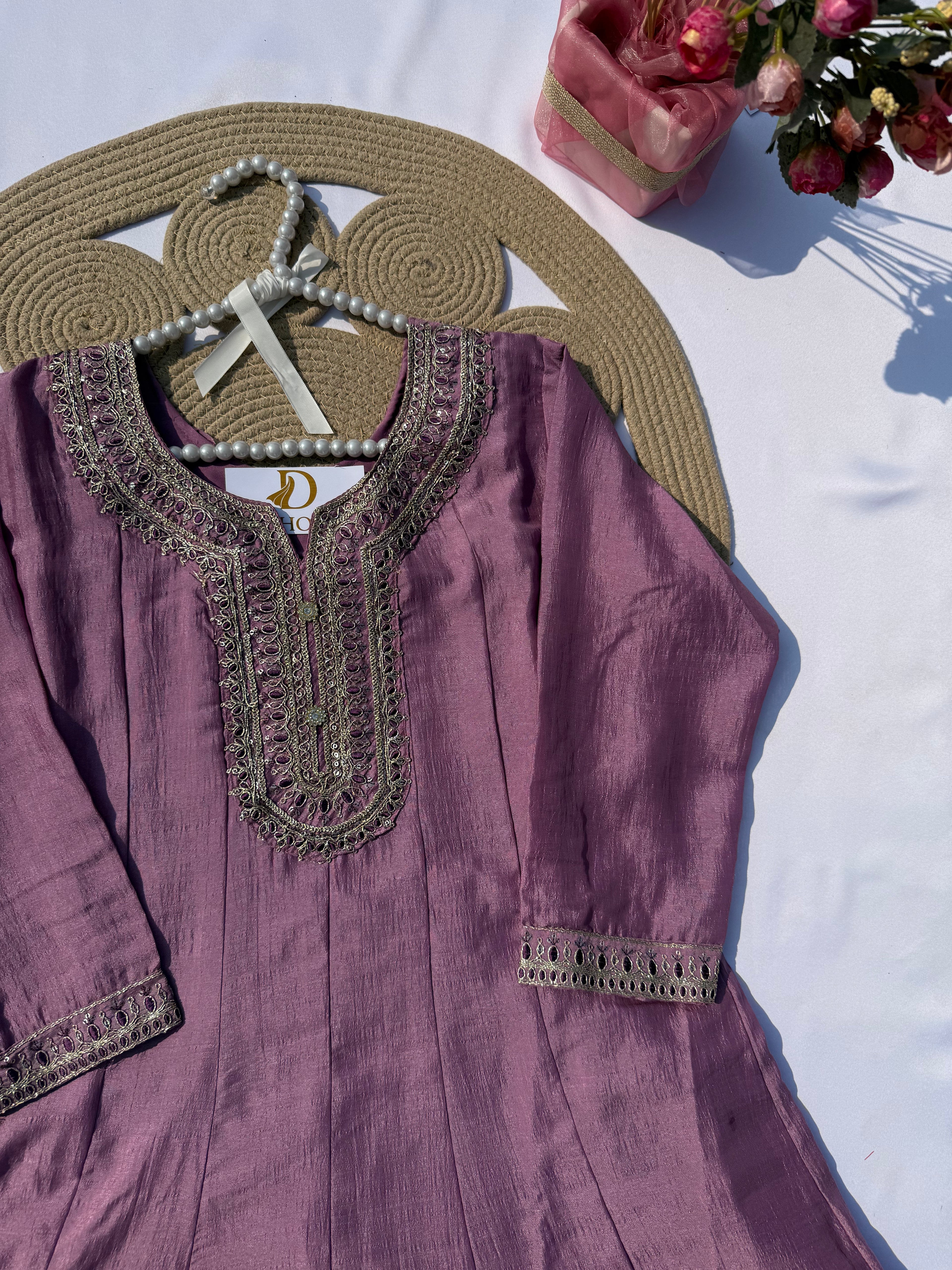 A-106 Vichitra Silk Anarkali Suit Set with Intricate Embroidery & Contrast Dupatta