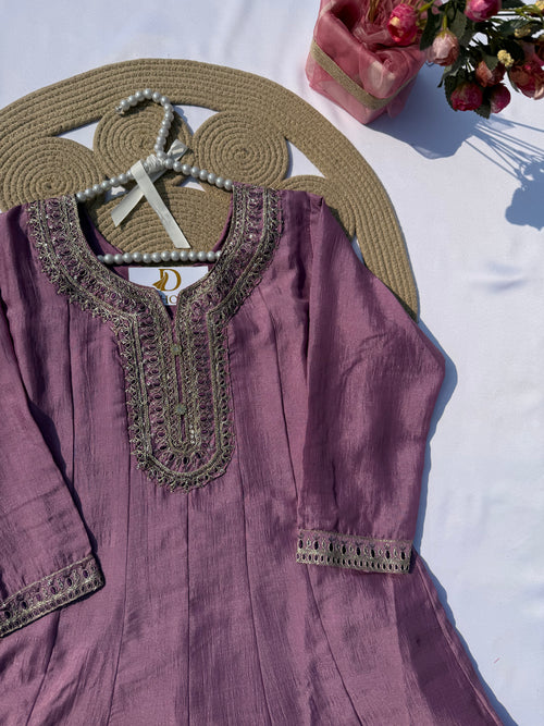 A-106 Vichitra Silk Anarkali Suit Set with Intricate Embroidery & Contrast Dupatta