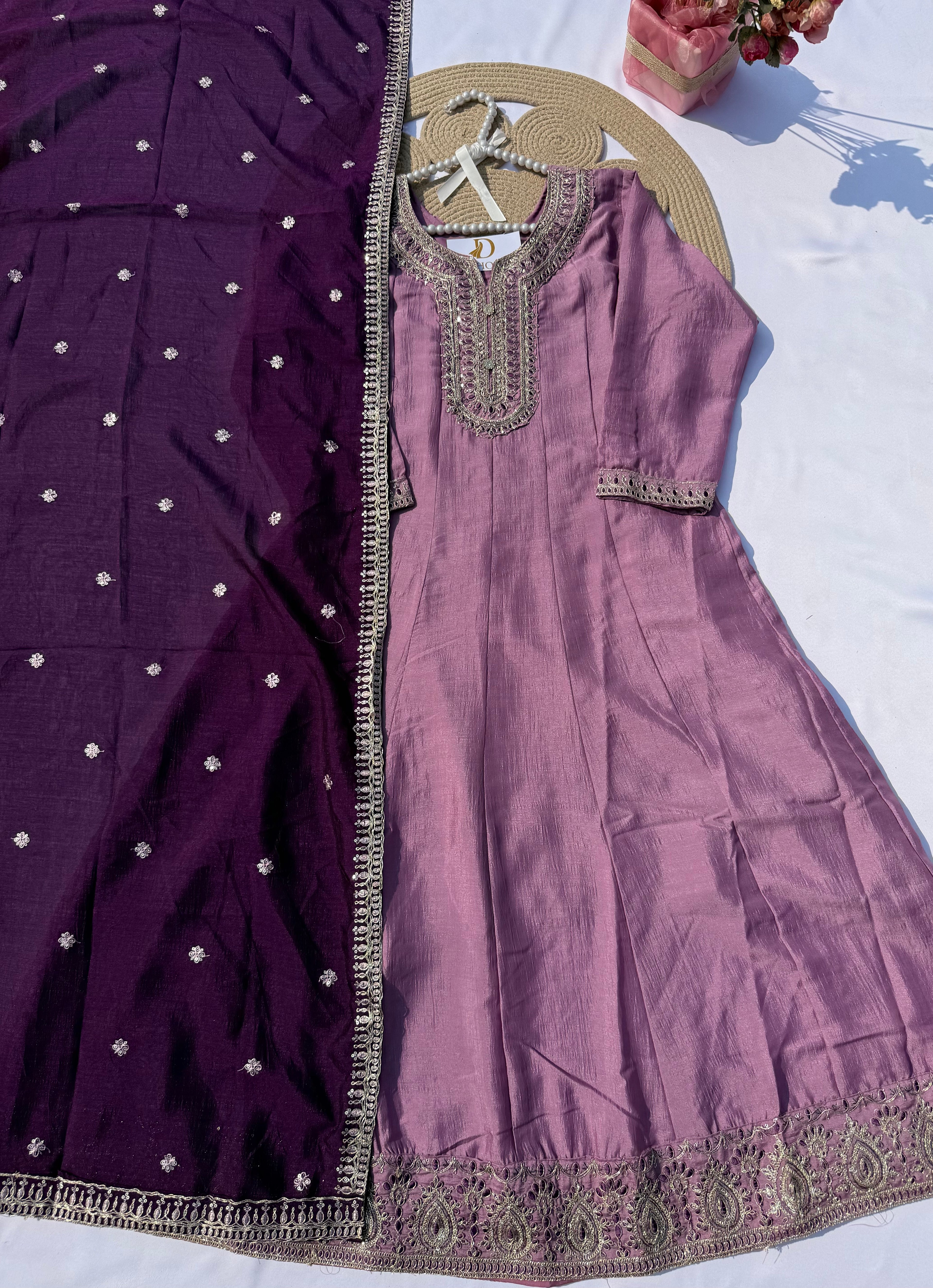 A-106 Vichitra Silk Anarkali Suit Set with Intricate Embroidery & Contrast Dupatta