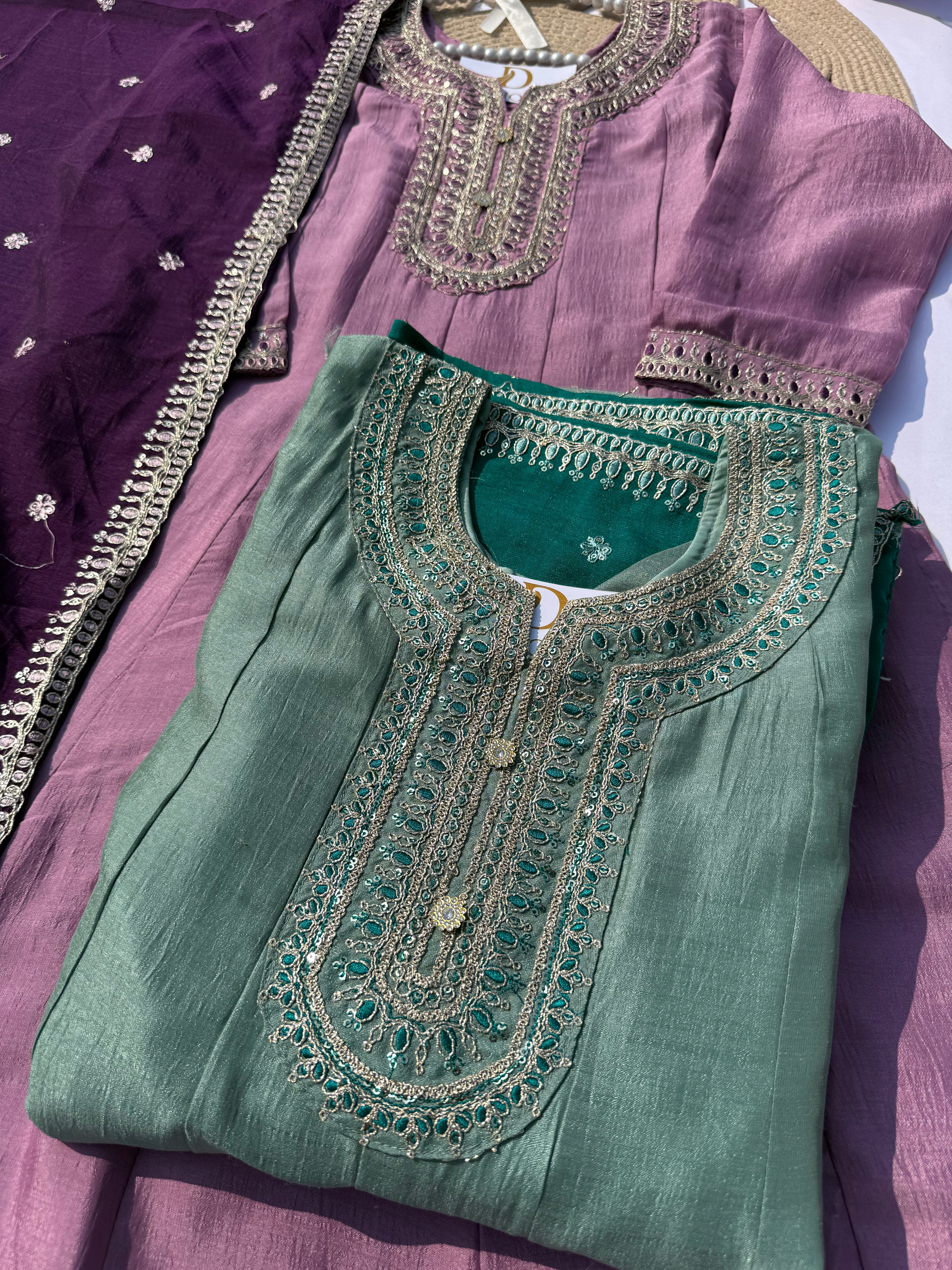 A-106 Vichitra Silk Anarkali Suit Set with Intricate Embroidery & Contrast Dupatta