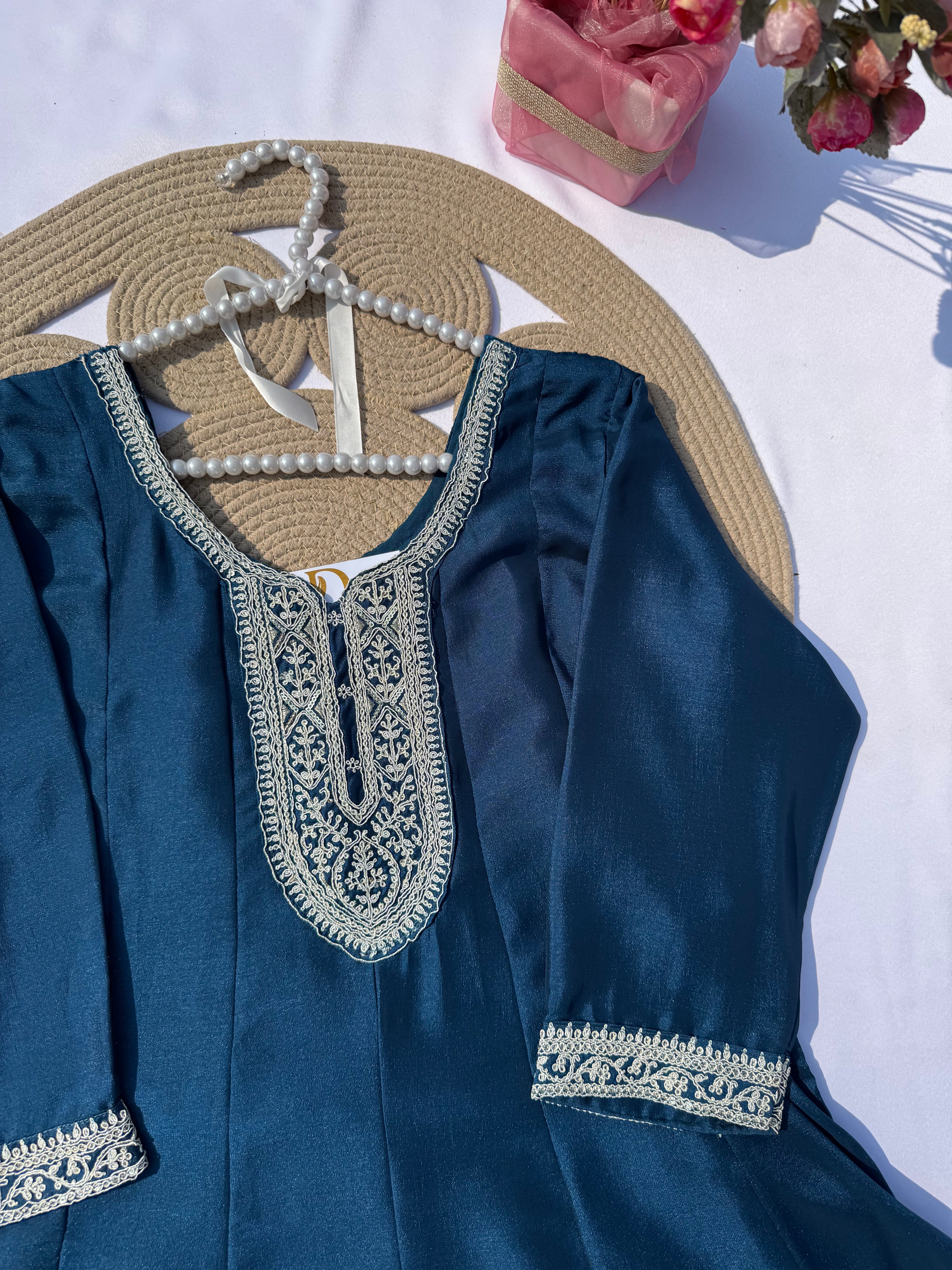 A-107 Vichitra Silk Anarkali Suit Set with Heavy Neck & Daman Embroidery and Full Work Dupatta