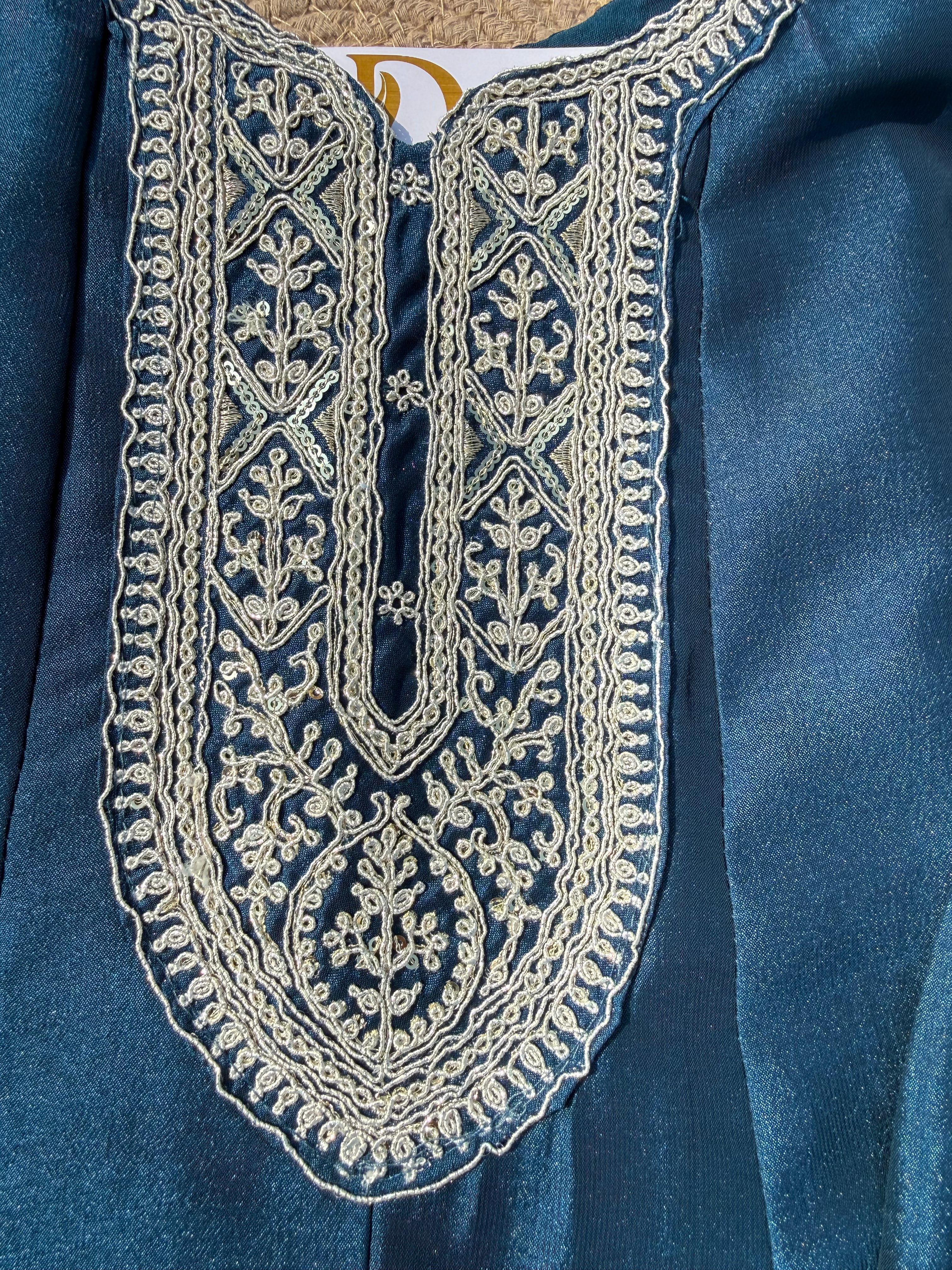 A-107 Vichitra Silk Anarkali Suit Set with Heavy Neck & Daman Embroidery and Full Work Dupatta