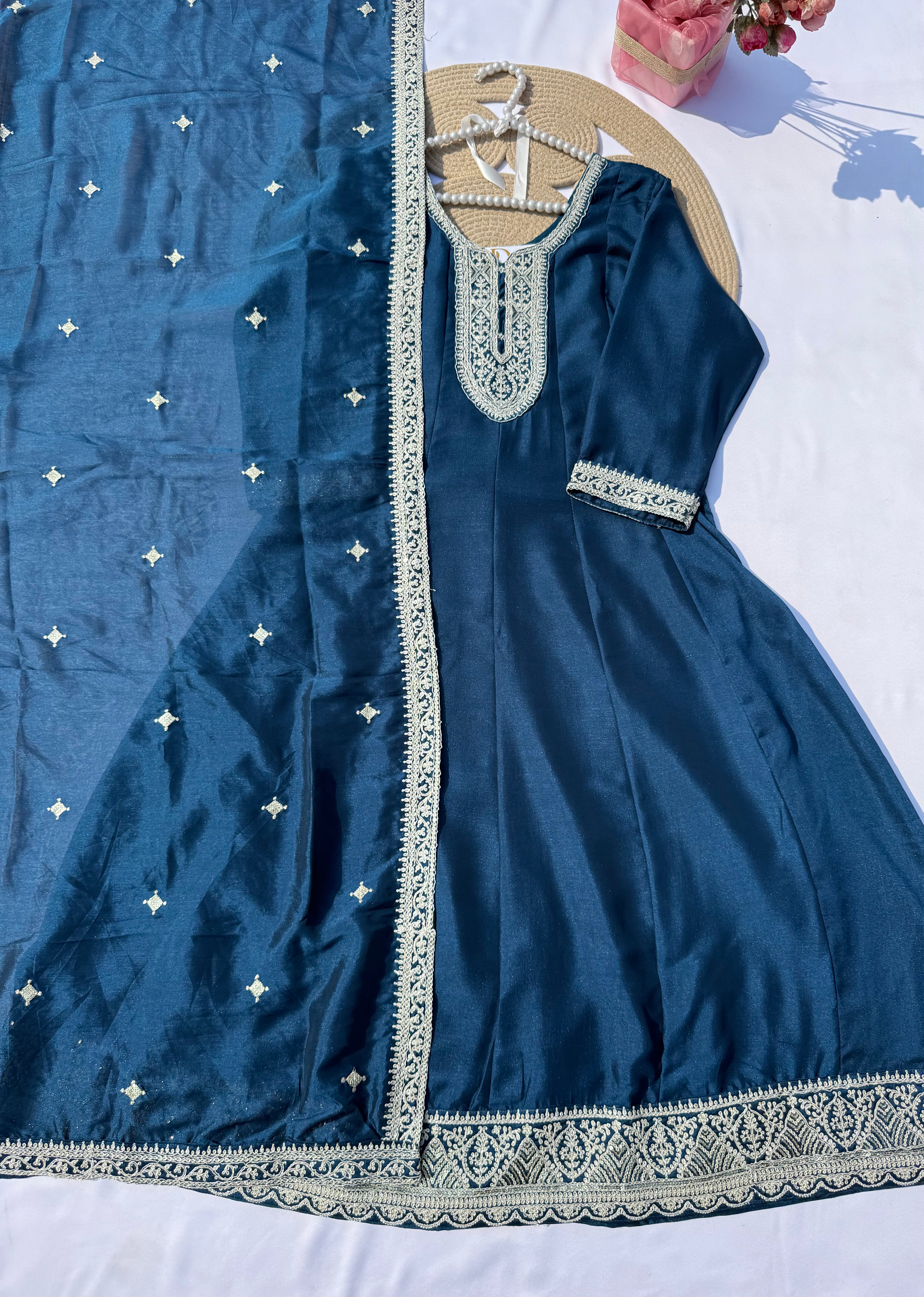 A-107 Vichitra Silk Anarkali Suit Set with Heavy Neck & Daman Embroidery and Full Work Dupatta