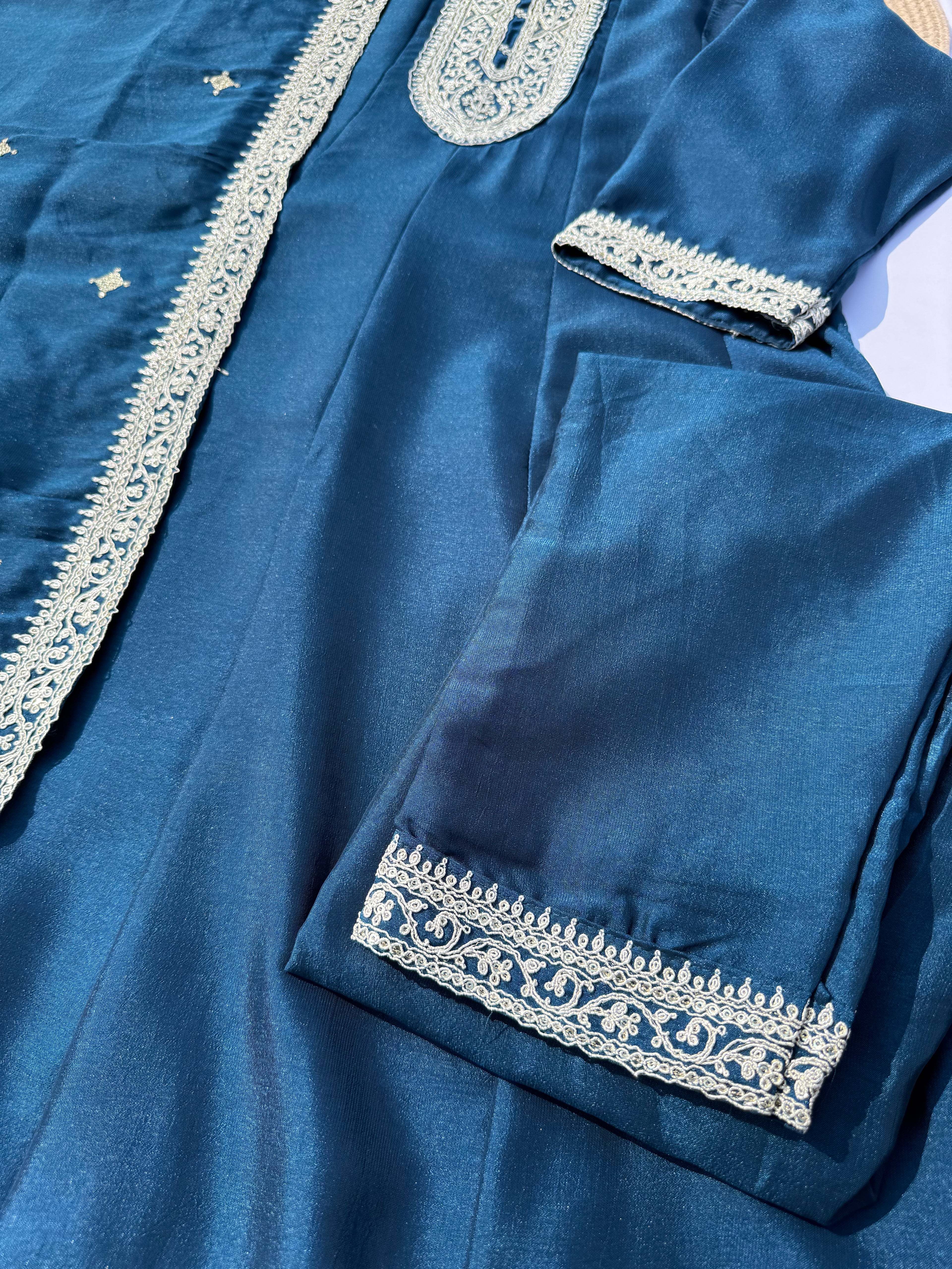 A-107 Vichitra Silk Anarkali Suit Set with Heavy Neck & Daman Embroidery and Full Work Dupatta